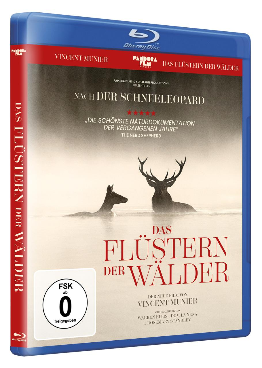 Blu-ray Hülle: "Das Flüstern der Wälder" mit Hirschen im Wasser. FSK ab 0.