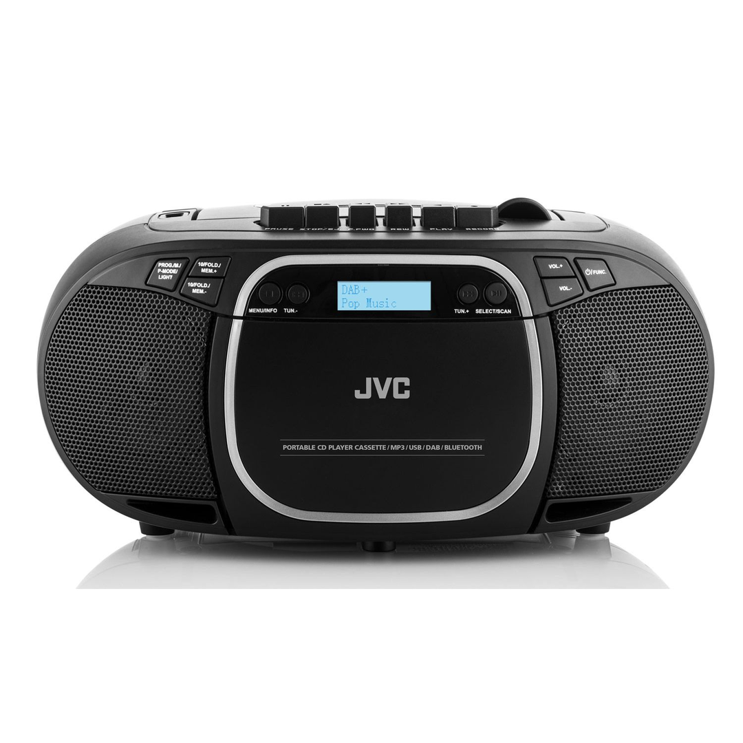 Fekete JVC hordozható CD-lejátszó boombox kazettával, DAB+, USB, Bluetooth. Popzene kijelzése.