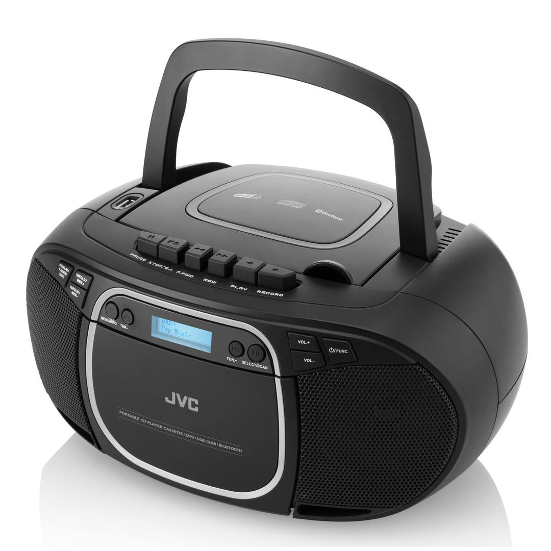 Fekete JVC boombox CD-lejátszóval, kazettával, USB-vel, DAB-bal és Bluetooth-tal.
