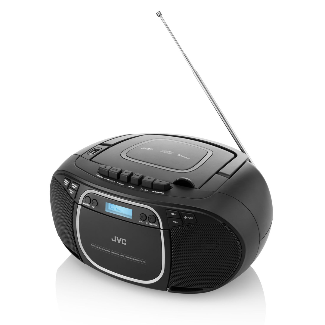 Fekete JVC boombox CD-lejátszóval, kazettával, USB-vel és DAB+ rádióval.