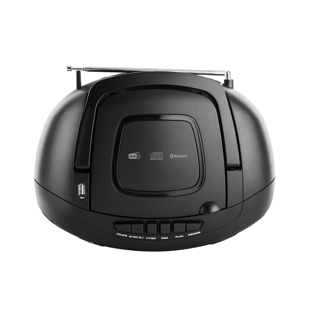 Fekete hordozható CD-lejátszó DAB+, Bluetooth, USB és kezelőgombokkal.