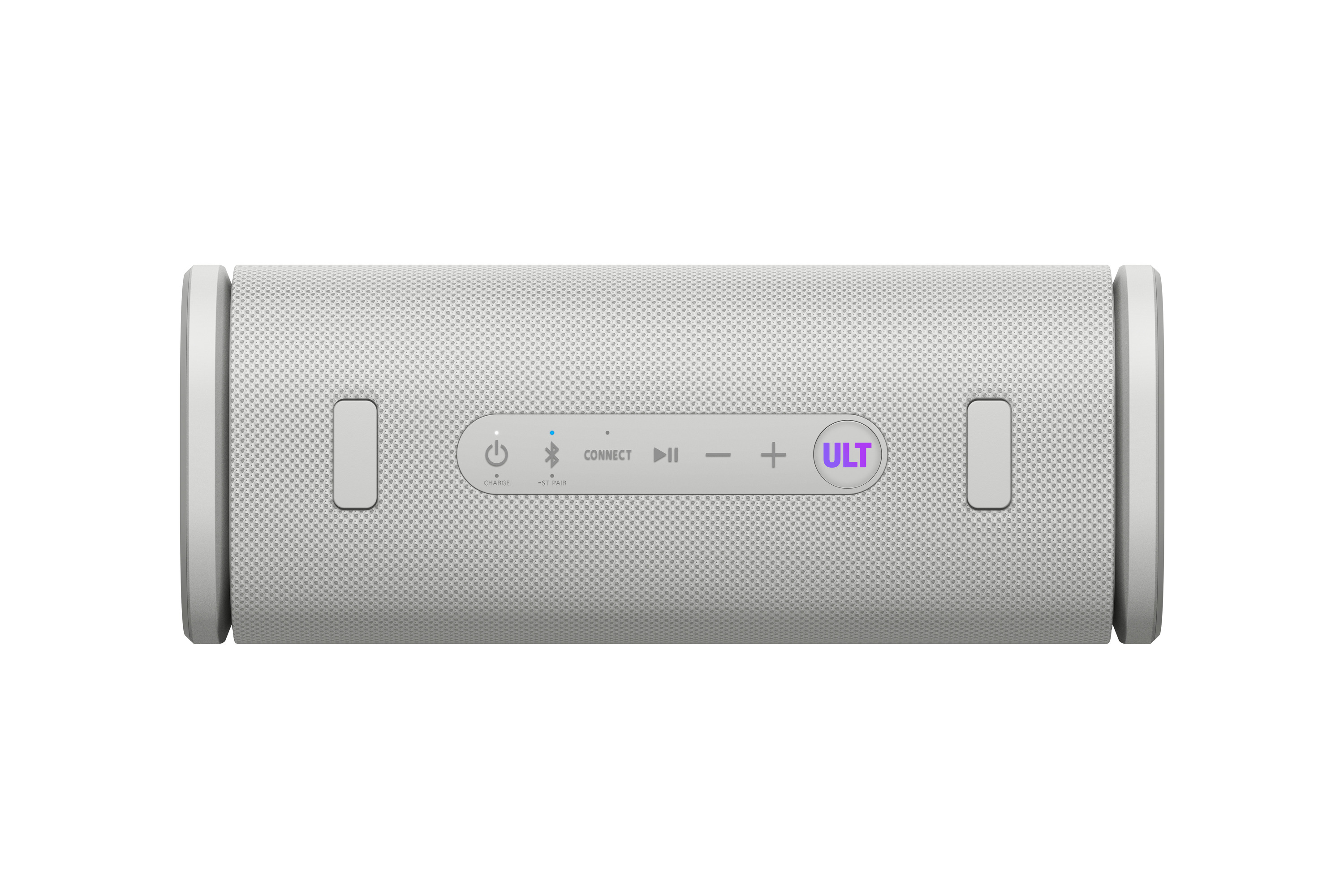 Un altavoz Bluetooth blanco con panel de control y botón ULT.