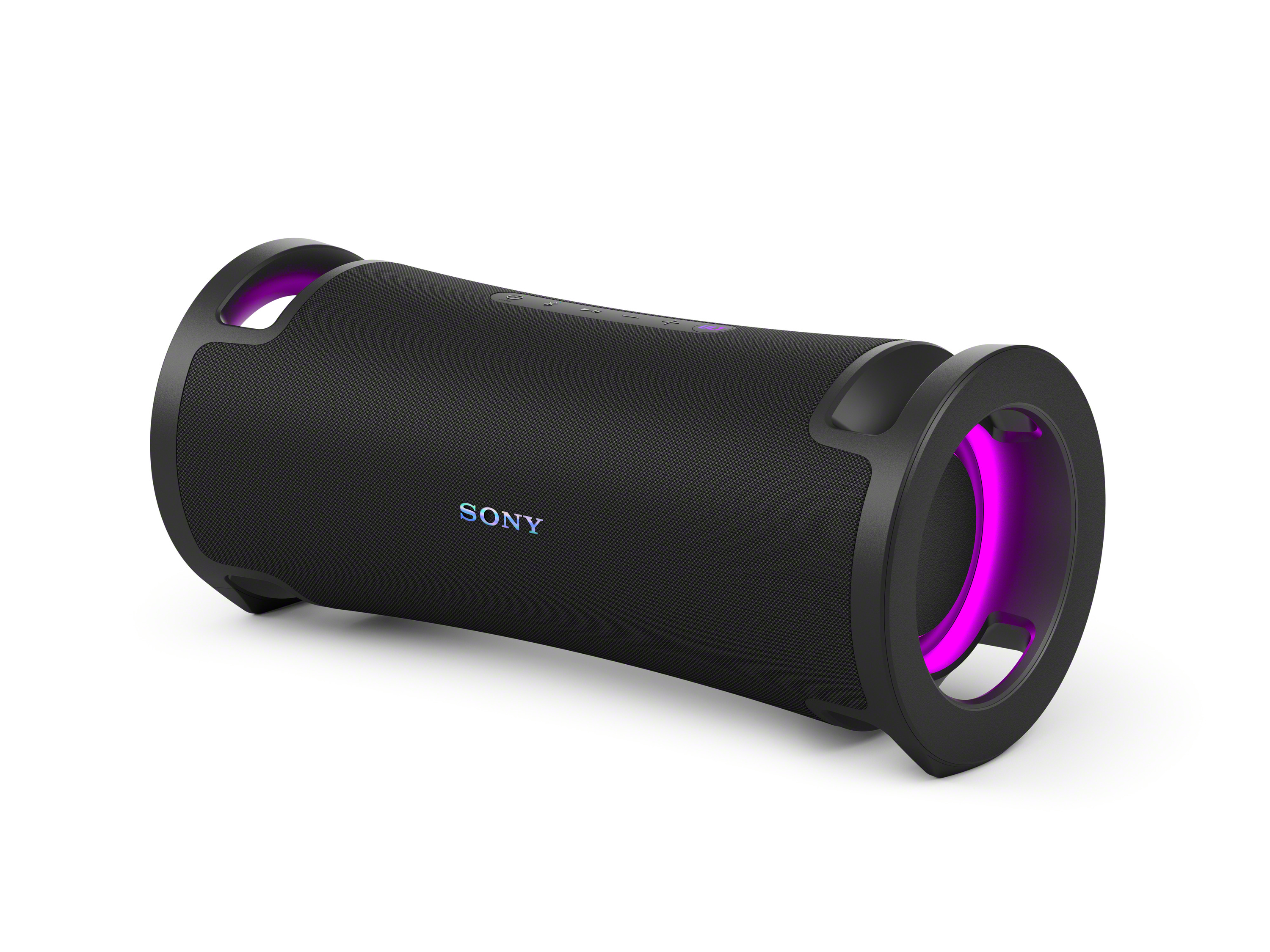 Altavoz Sony negro con iluminación de acento púrpura.
