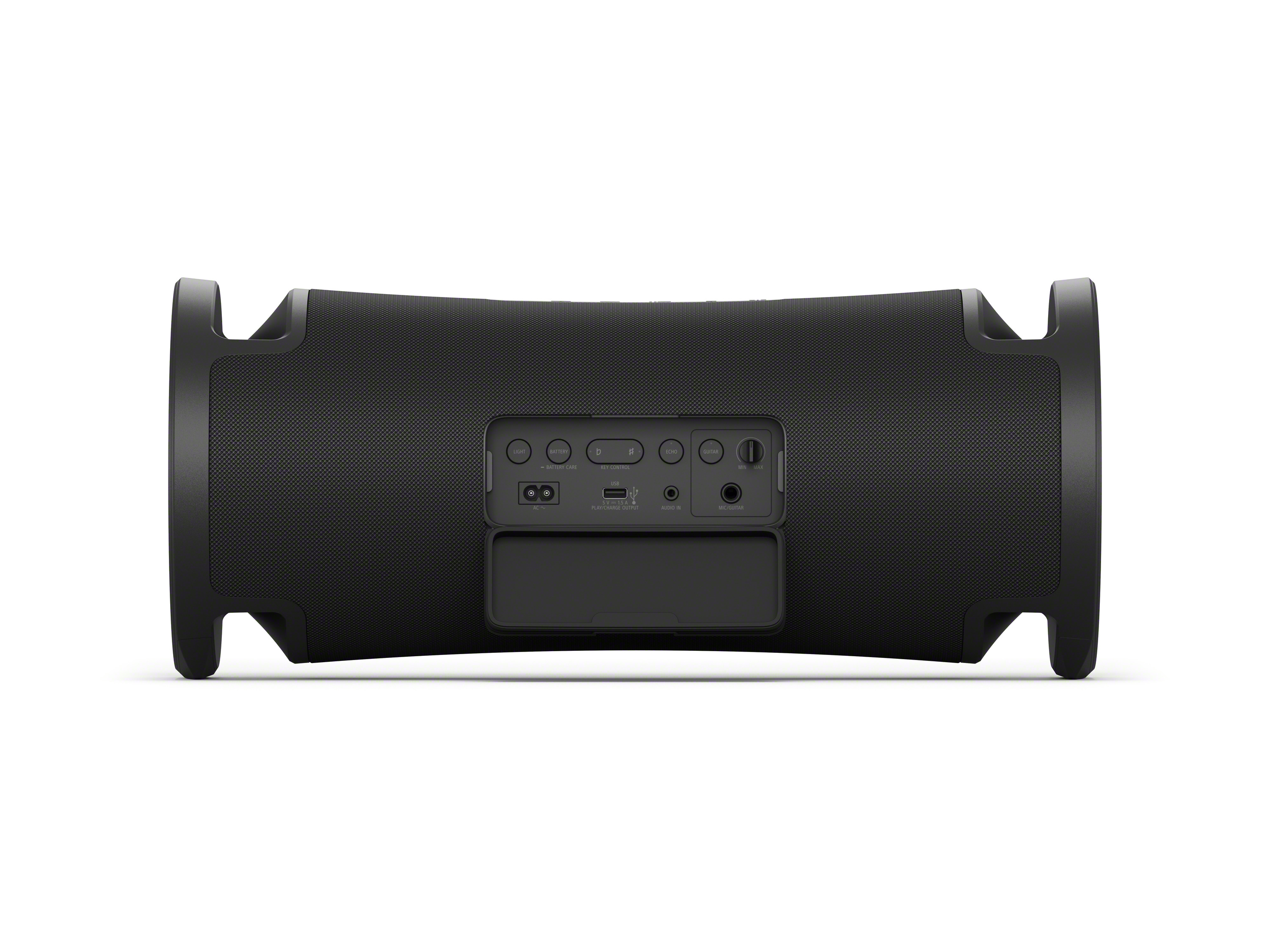 Altavoz negro con puertos: Luz, Batería, USB, Entrada de audio, Mic/Guitarra.