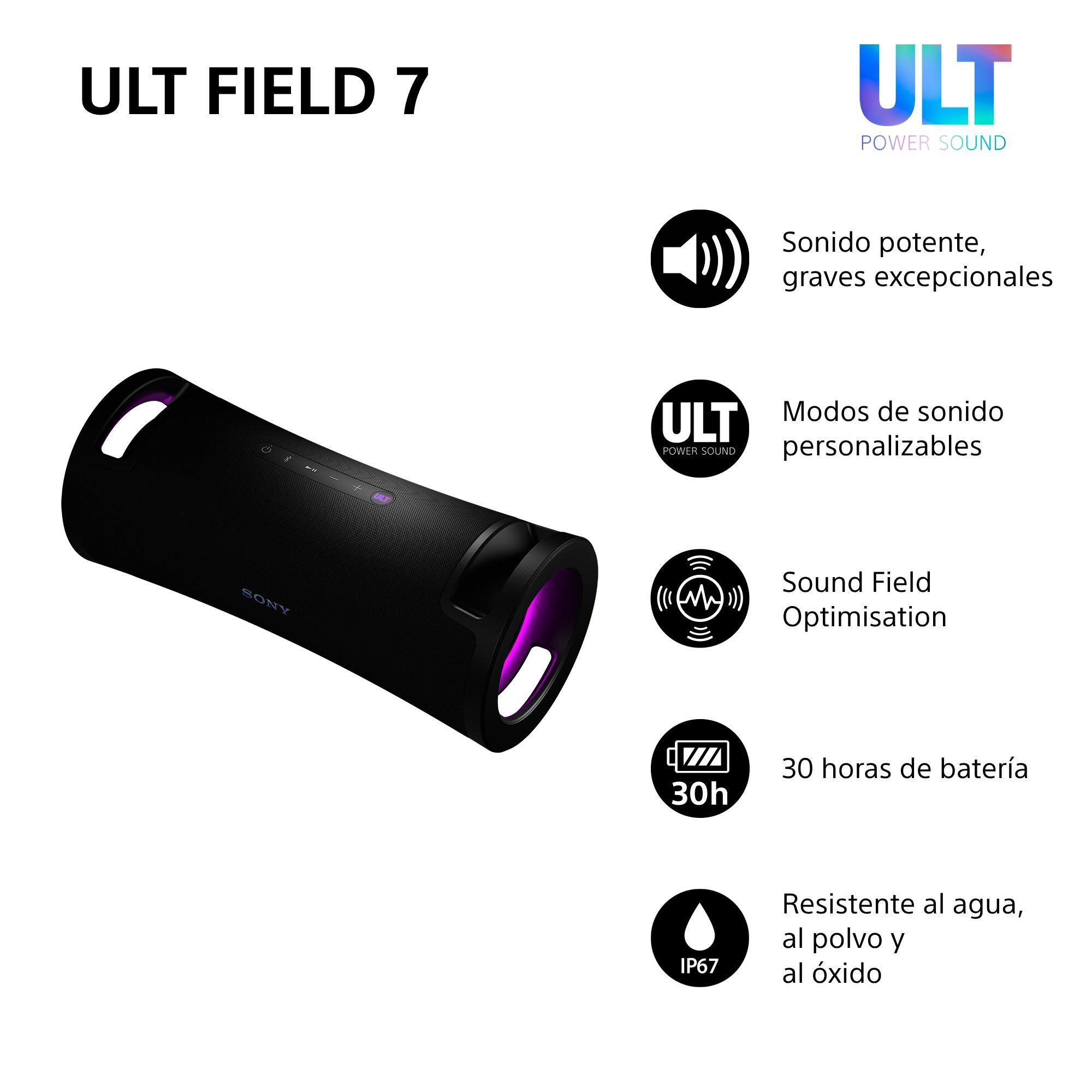Altavoz Sony ULT FIELD 7 negro con acentos morados e iconos de funciones.