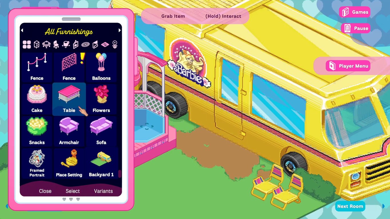 Żółty kamper Barbie z menu wyświetlającym meble.
