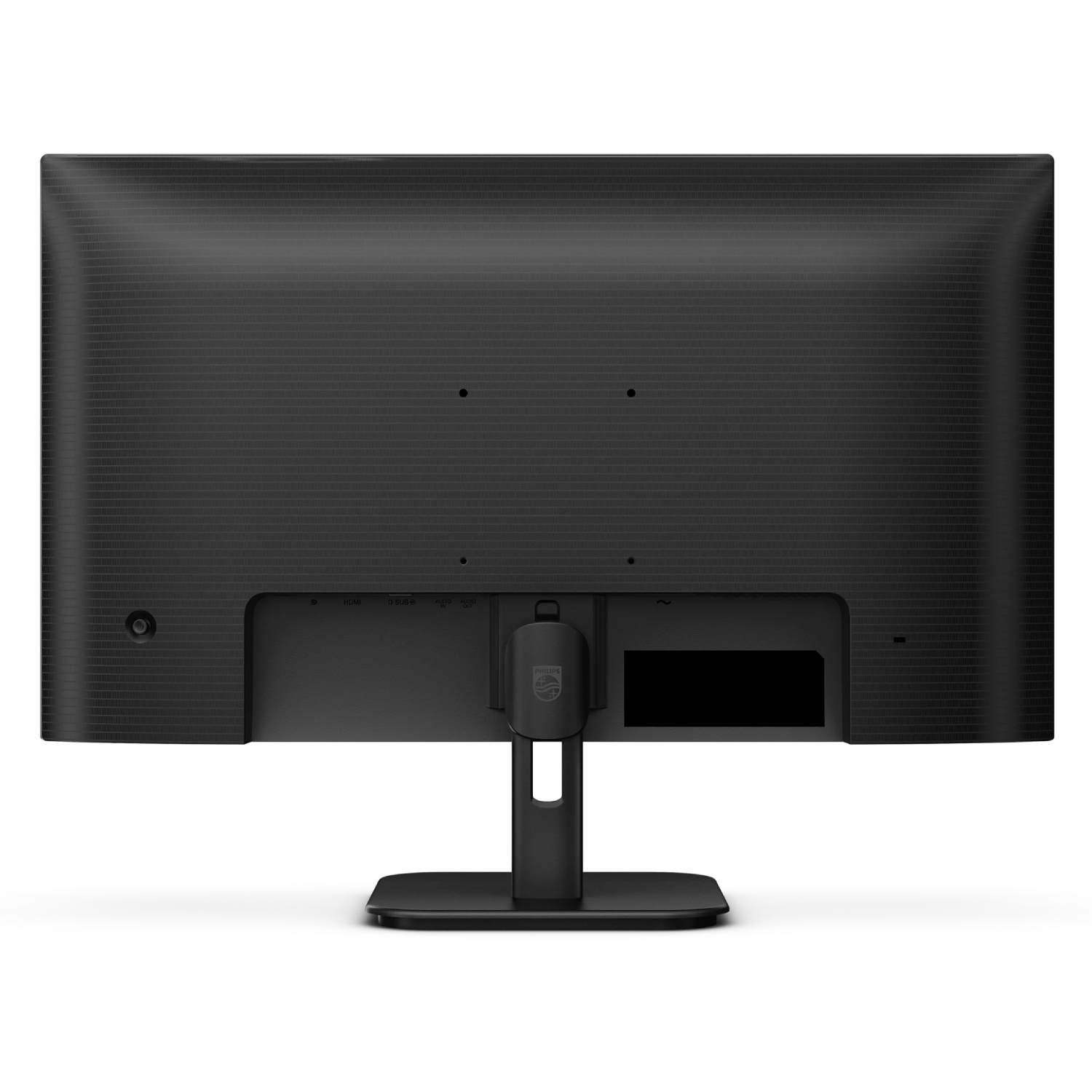 Vista trasera de un monitor negro mostrando puertos y logo de Philips en el soporte.