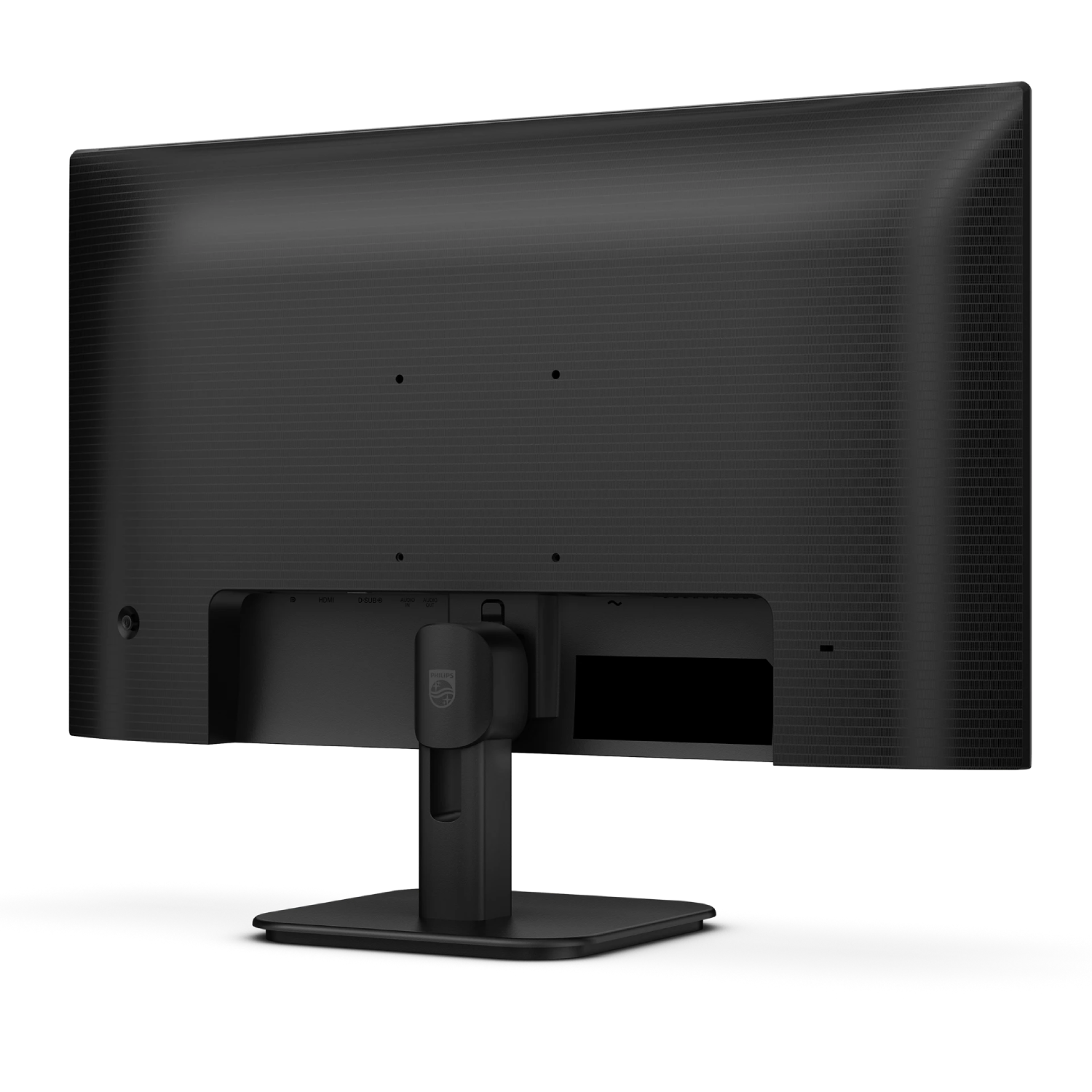 Vista posterior de un monitor negro con puertos y un soporte.