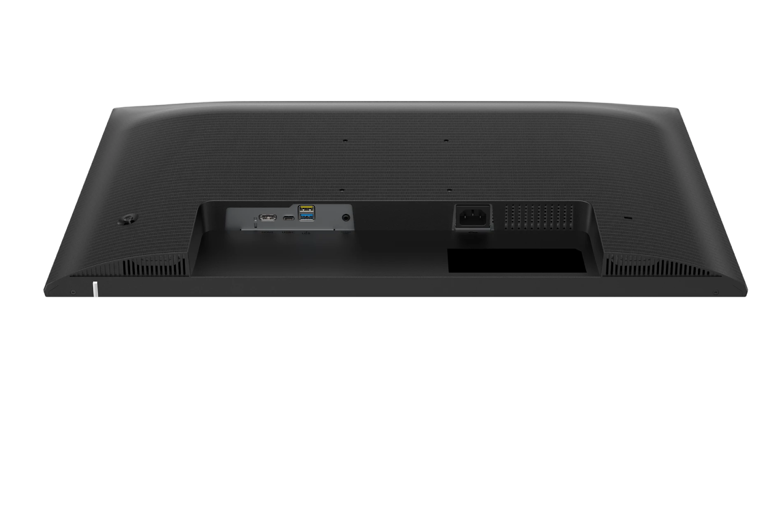 Parte trasera de un monitor negro con puertos: HDMI, USB y alimentación.