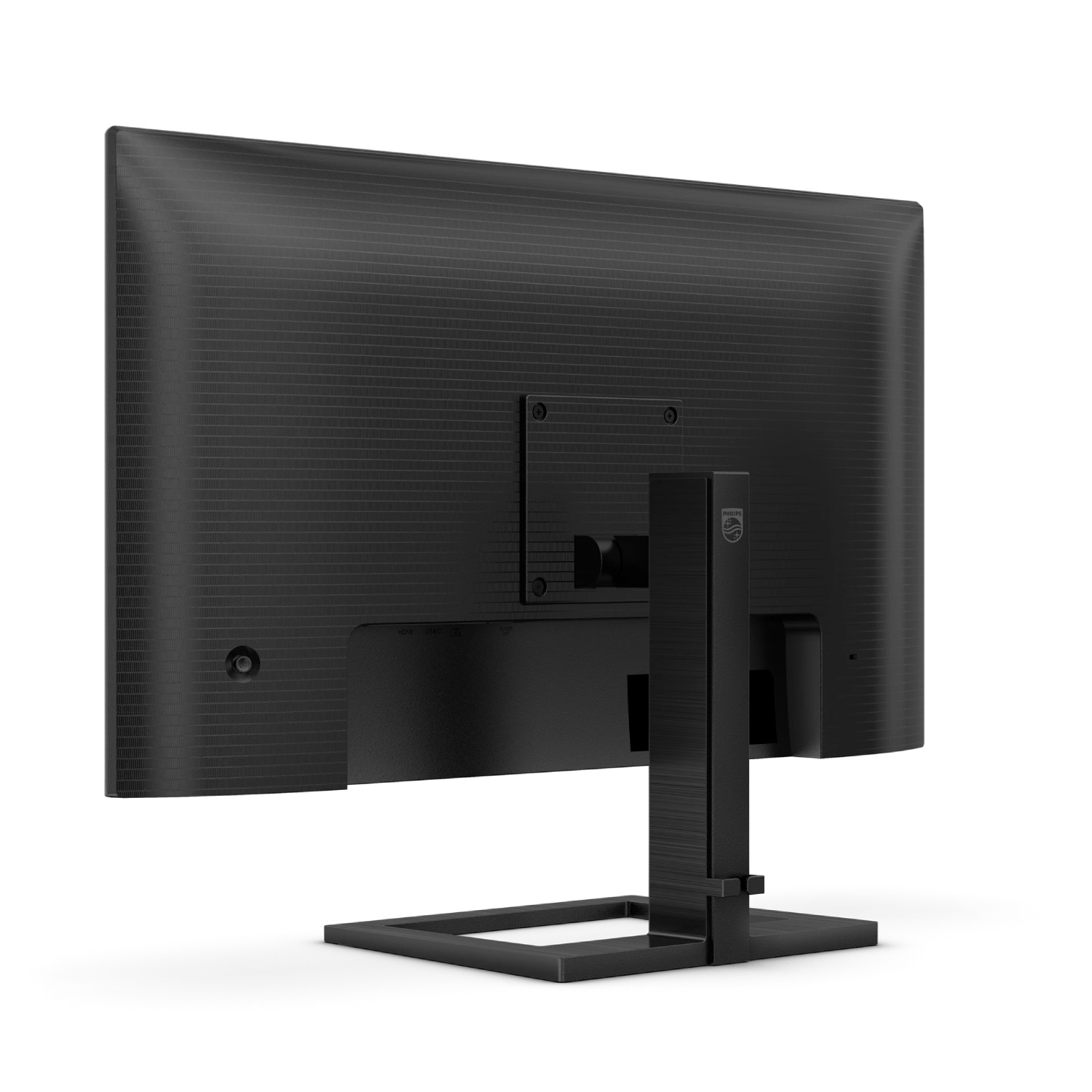 Vista trasera de un monitor negro mostrando puertos y logo de Philips.