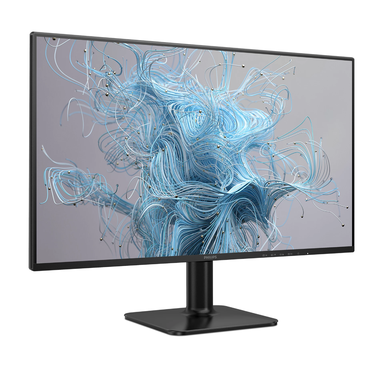 Un monitor muestra un patrón abstracto de líneas azules y blancas con esferas.