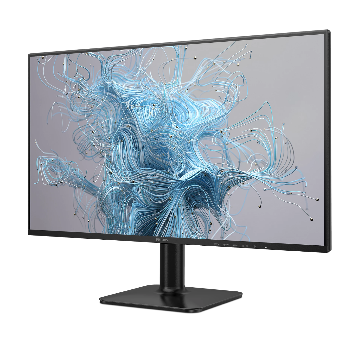 Un moderno monitor Philips que muestra un diseño abstracto de arte de cuerdas azules.
