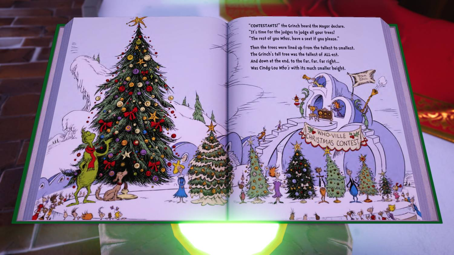El Grinch juzga un concurso de árboles de Navidad de Whoville con muchos árboles y Whos.
