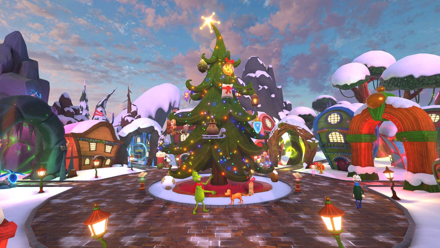 El Grinch y Max frente a un árbol de Navidad en un pueblo nevado con casas coloridas.