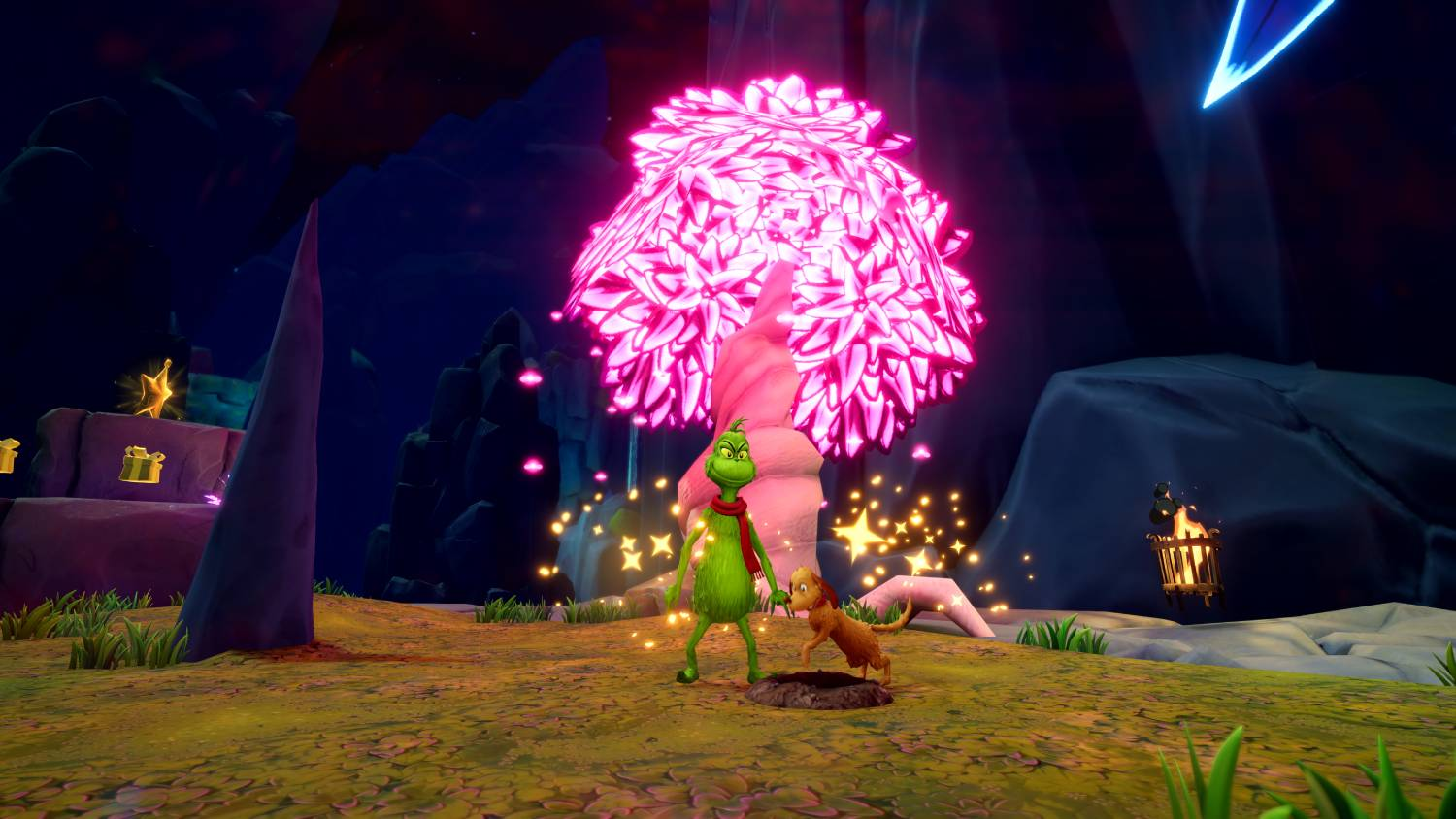 El Grinch y Max están cerca de un árbol rosa brillante con estrellas brillantes a su alrededor.