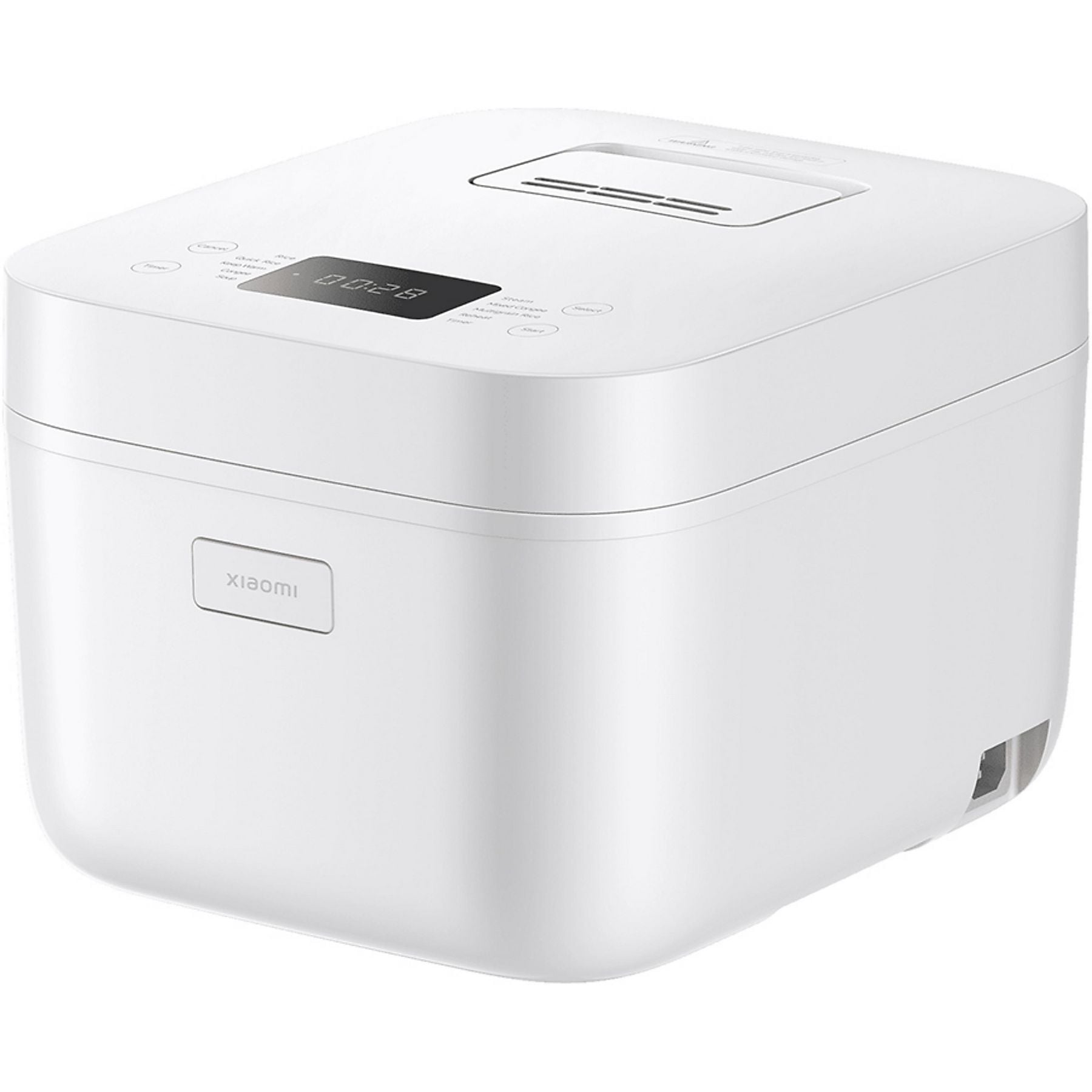 Una arrocera blanca Xiaomi con pantalla digital y botones de control en la tapa.