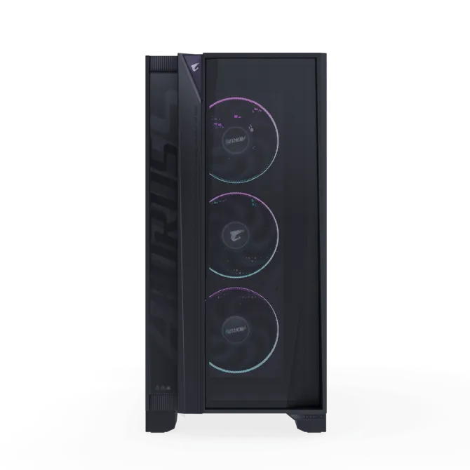 Una torre de computadora negra con tres ventiladores RGB al frente.