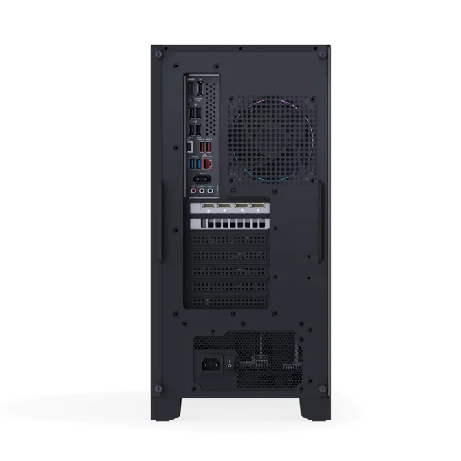 Parte trasera de una torre de ordenador negra mostrando puertos como USB, HDMI y entrada de corriente.