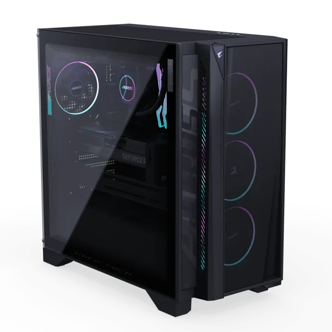Caja de PC negra con frontal de cristal y ventiladores RGB.