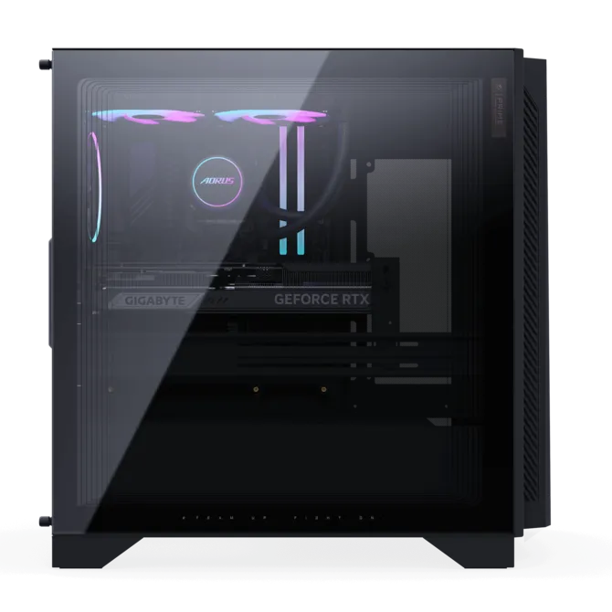 Una caja de PC negra con frontal de cristal, que muestra refrigeración de CPU AORUS y tarjeta gráfica GeForce RTX.