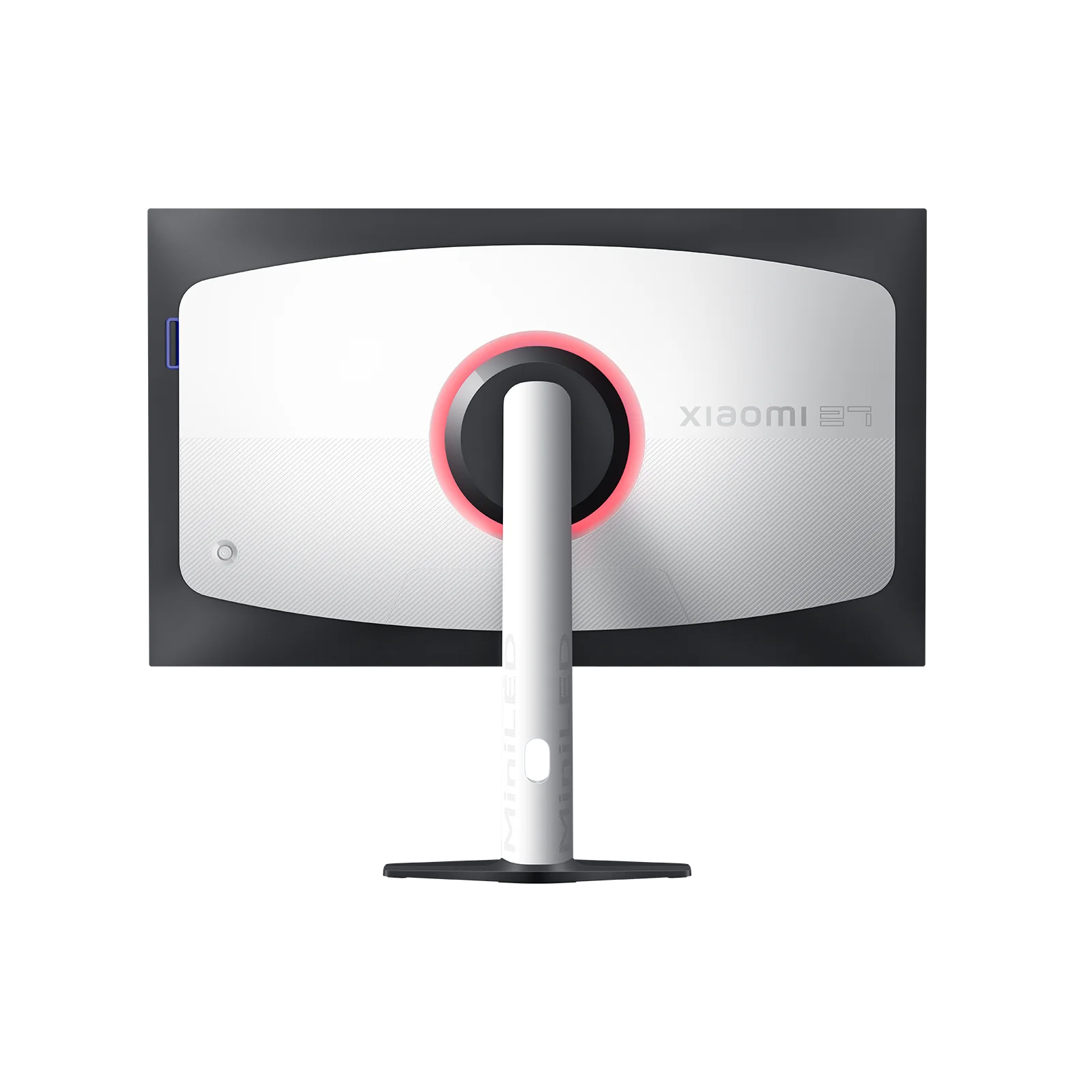 Parte trasera de un monitor blanco con anillo de luz rojo y soporte plateado.
