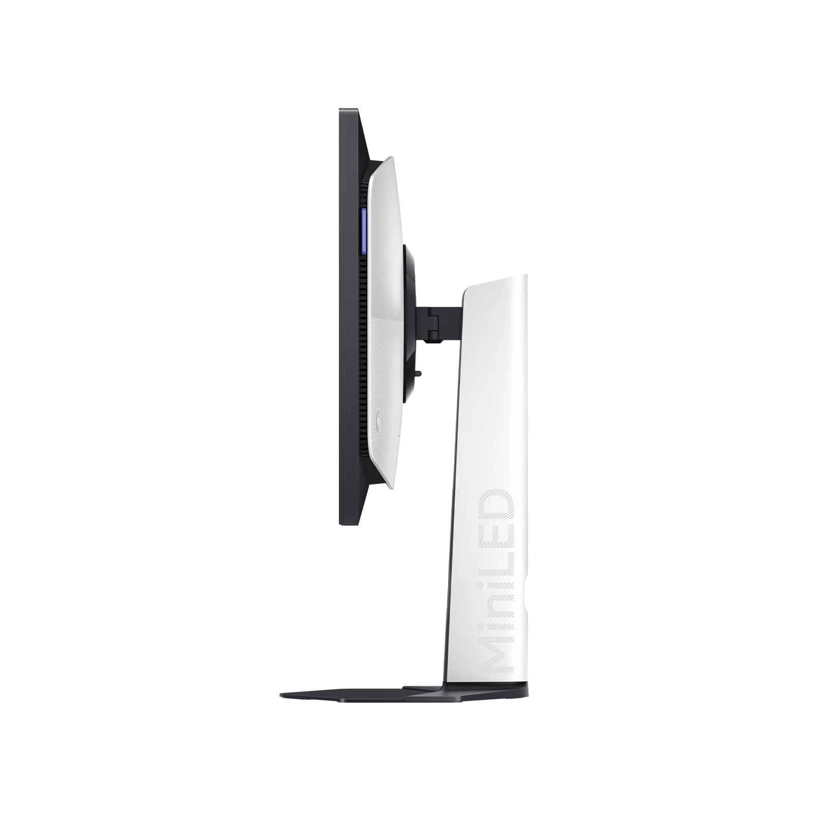 Un monitor blanco con base negra, mostrado de perfil.