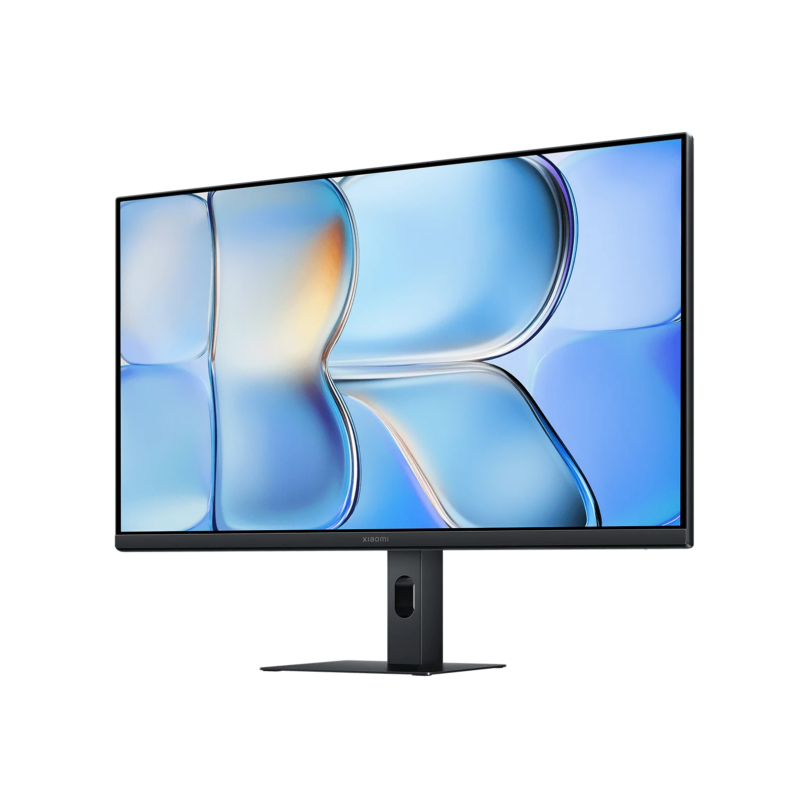 Un monitor moderno con un fondo de pantalla abstracto azul y naranja en la pantalla.