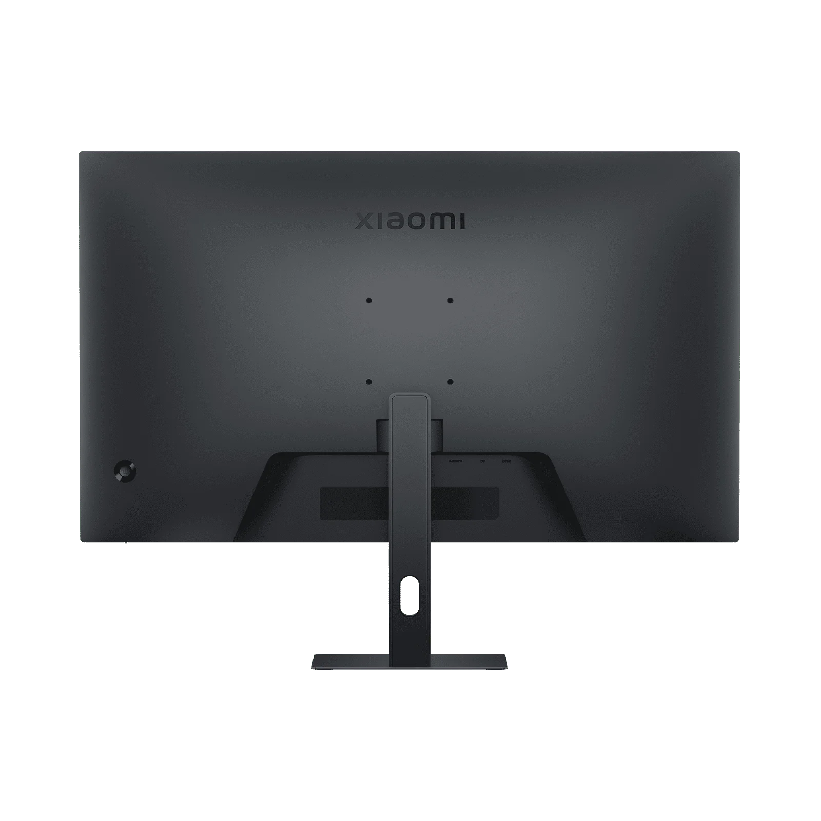 Reverso de un monitor negro con logo Xiaomi y puertos.