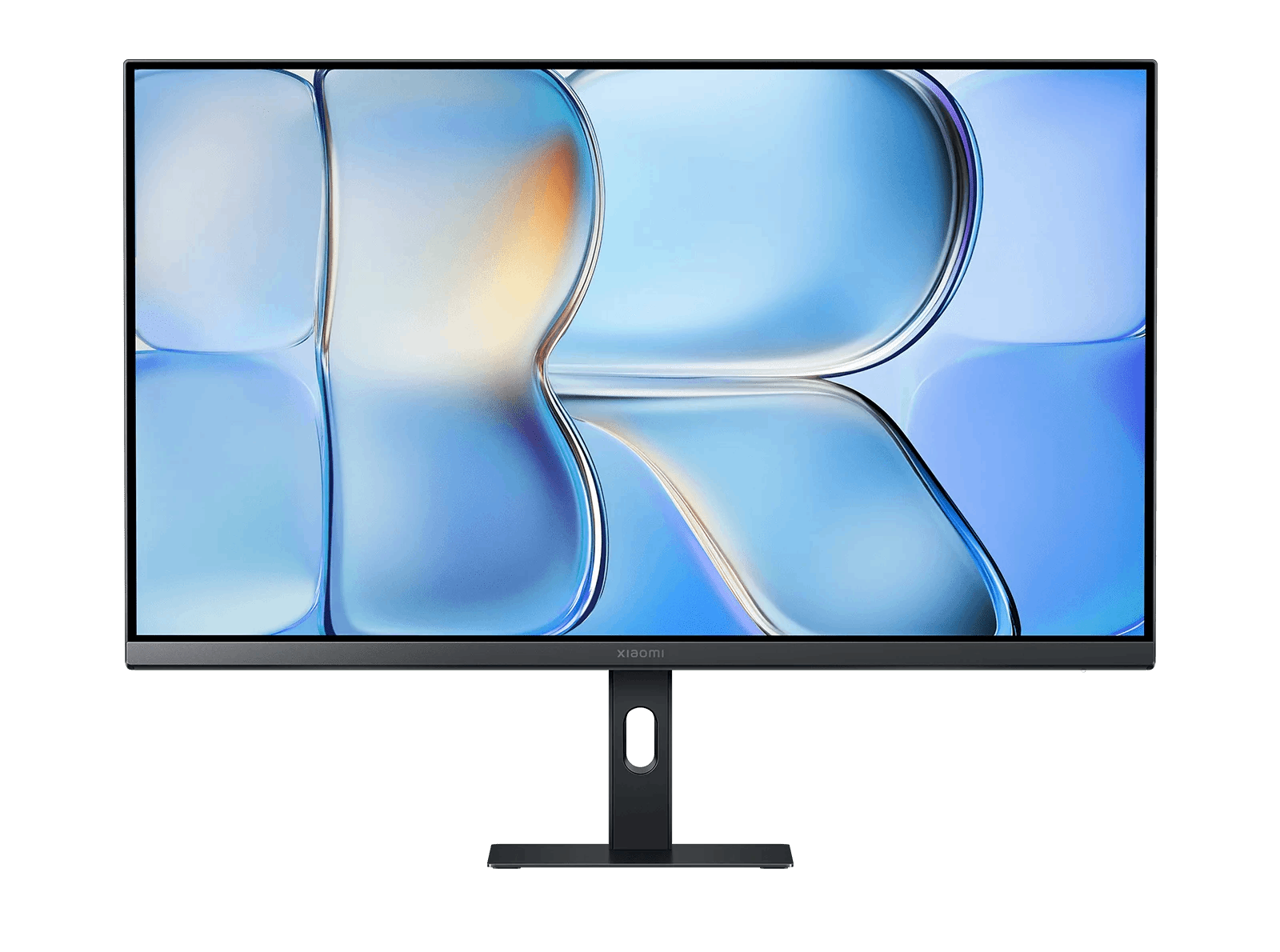 Un monitor moderno que muestra un fondo abstracto azul y naranja.