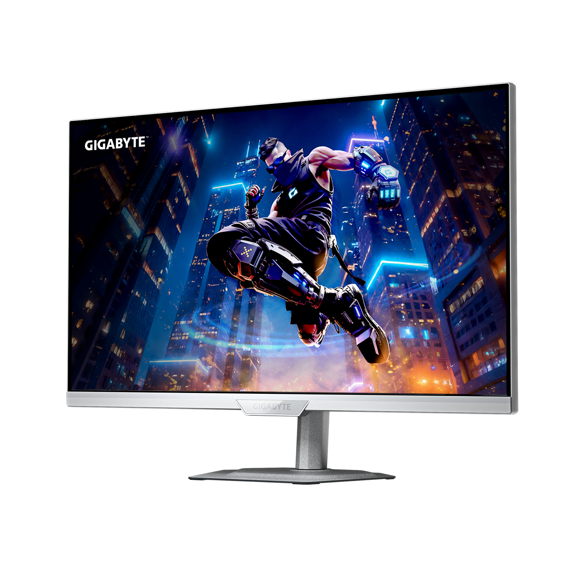 Un monitor gaming muestra un personaje cyberpunk saltando en una ciudad.
