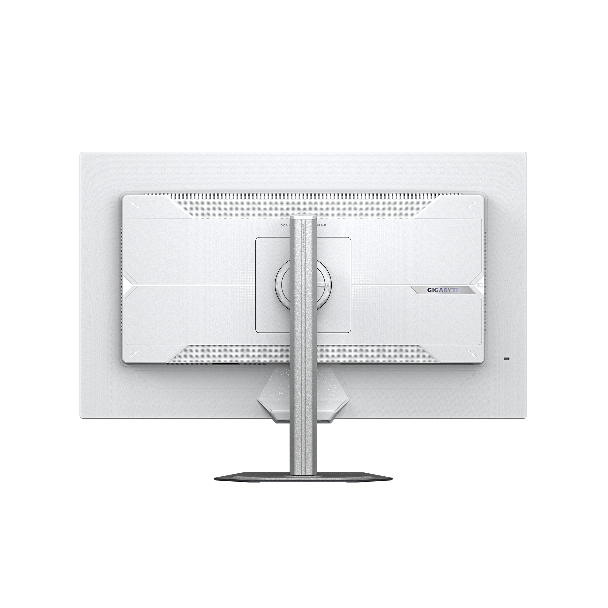 La parte trasera de un monitor blanco con un soporte plateado y logo Gigabyte.