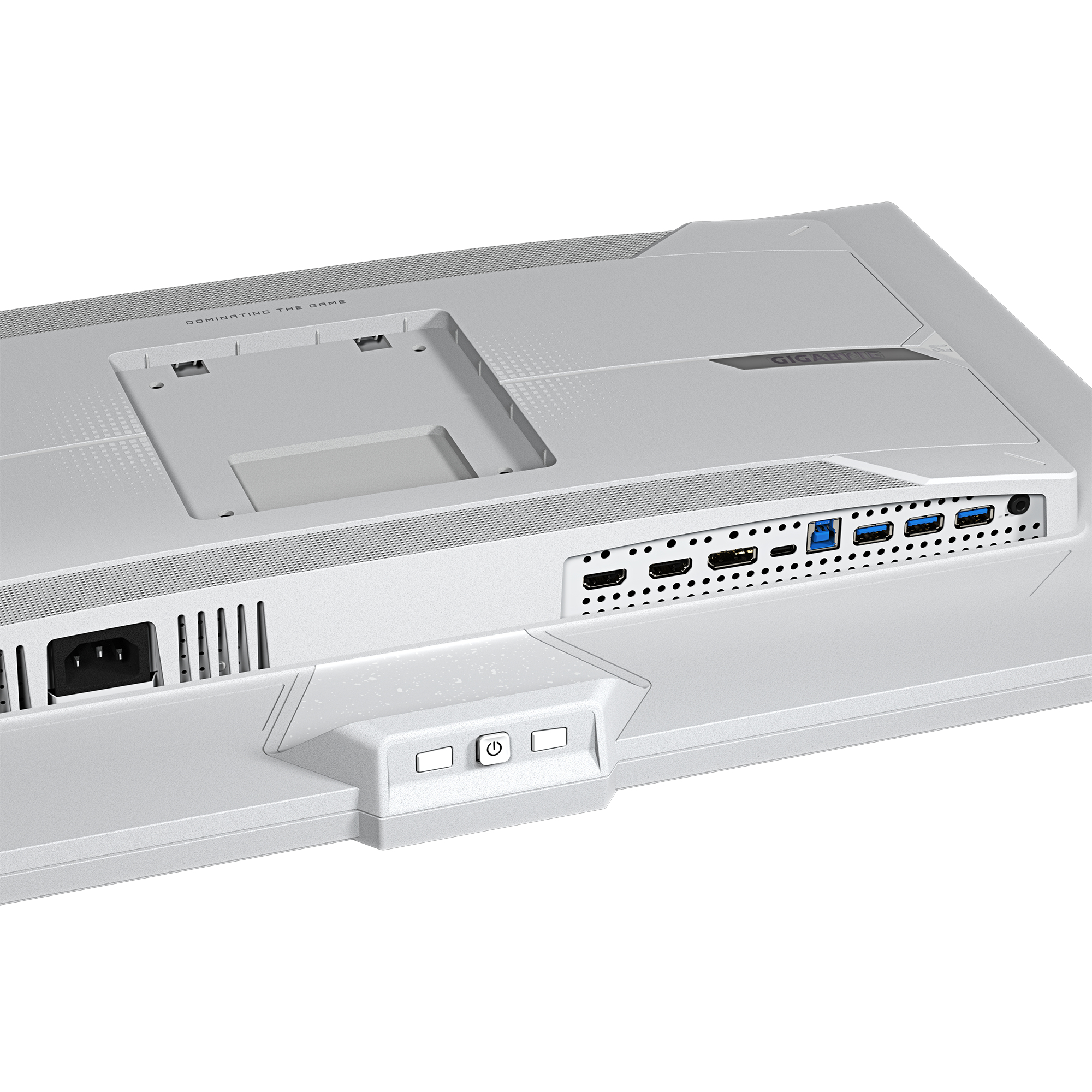 Parte trasera de un monitor blanco con puertos como USB y HDMI.