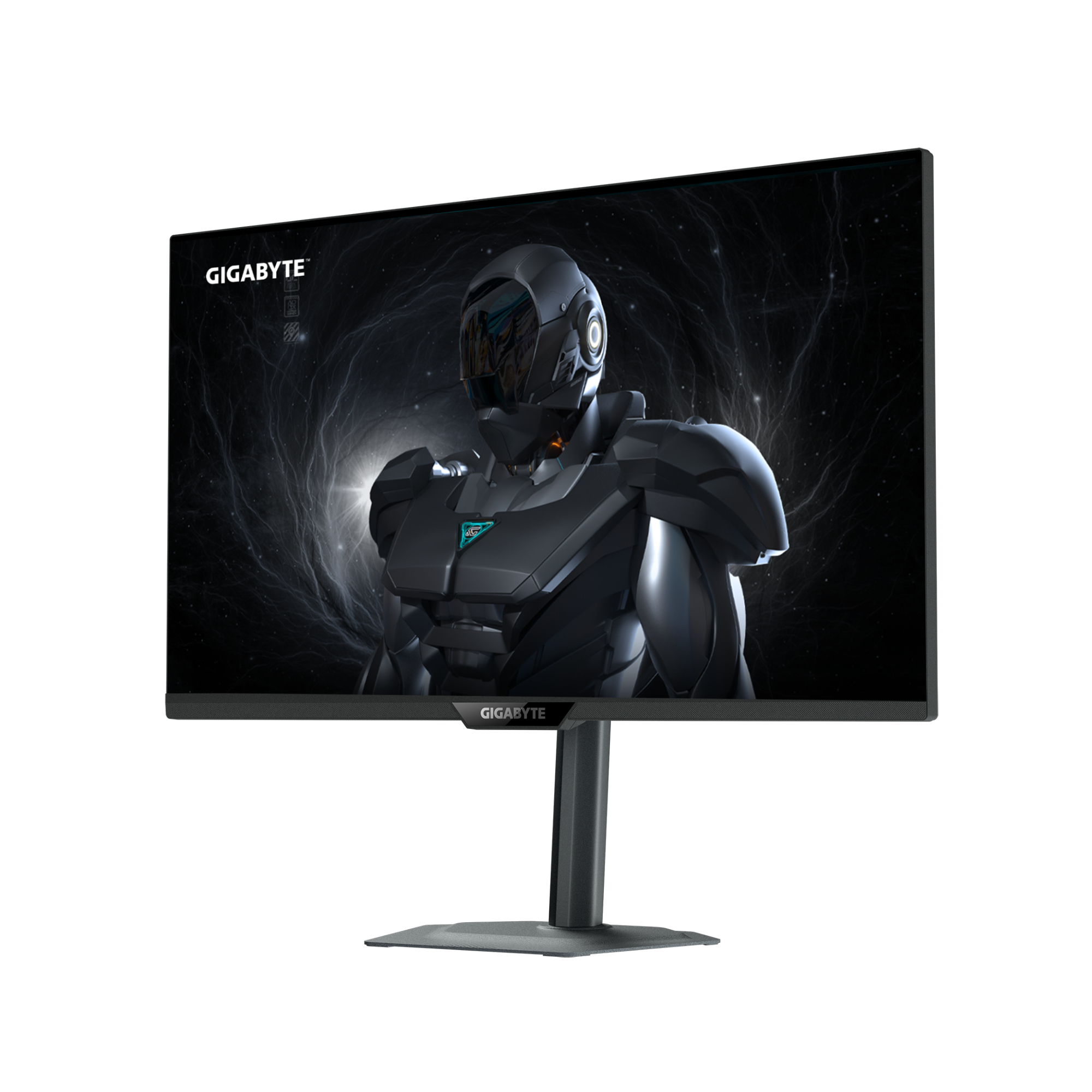 Un monitor que muestra un fondo de pantalla de robot futurista con el logo de Gigabyte.