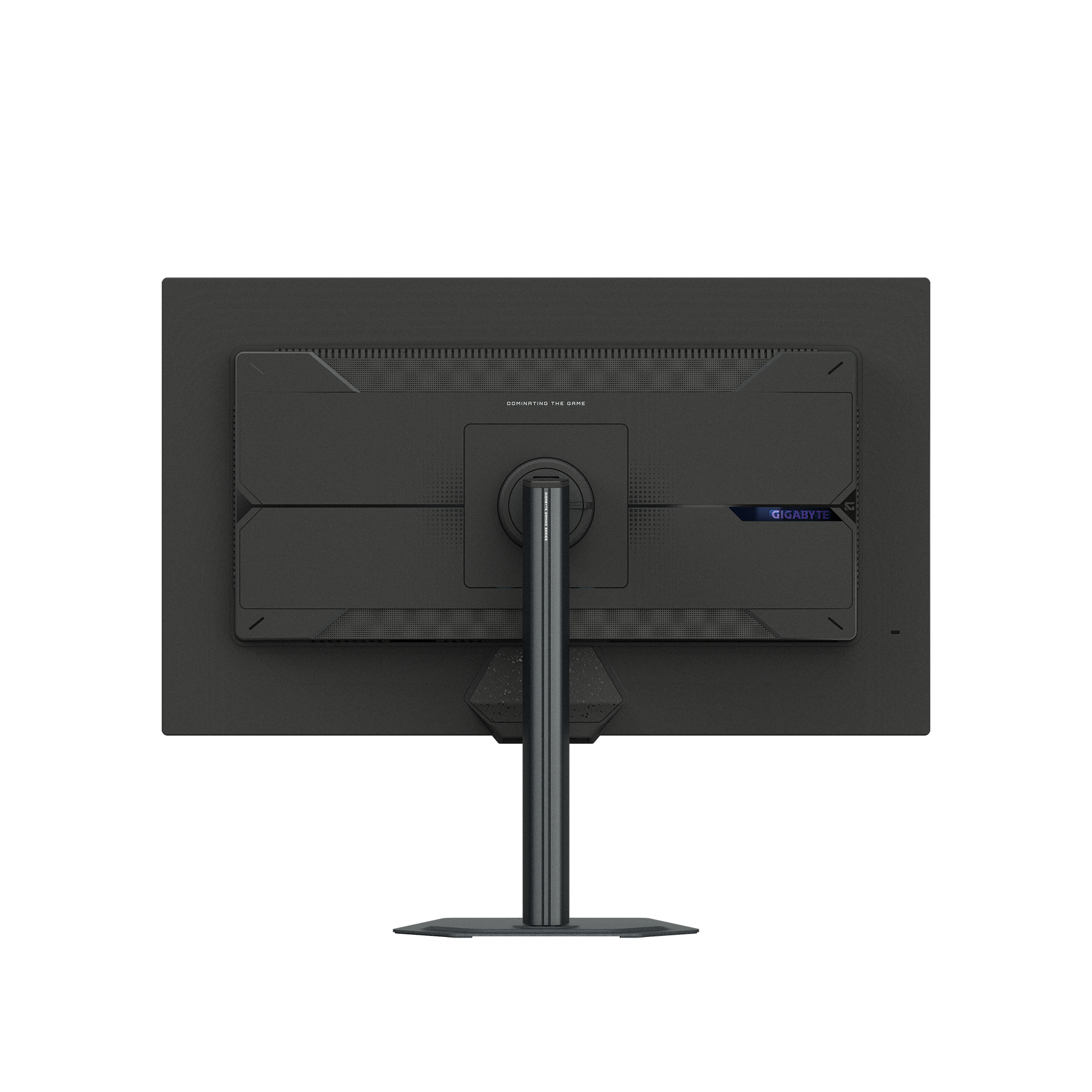 Parte posterior de un monitor negro con soporte plateado y logo GIGABYTE.