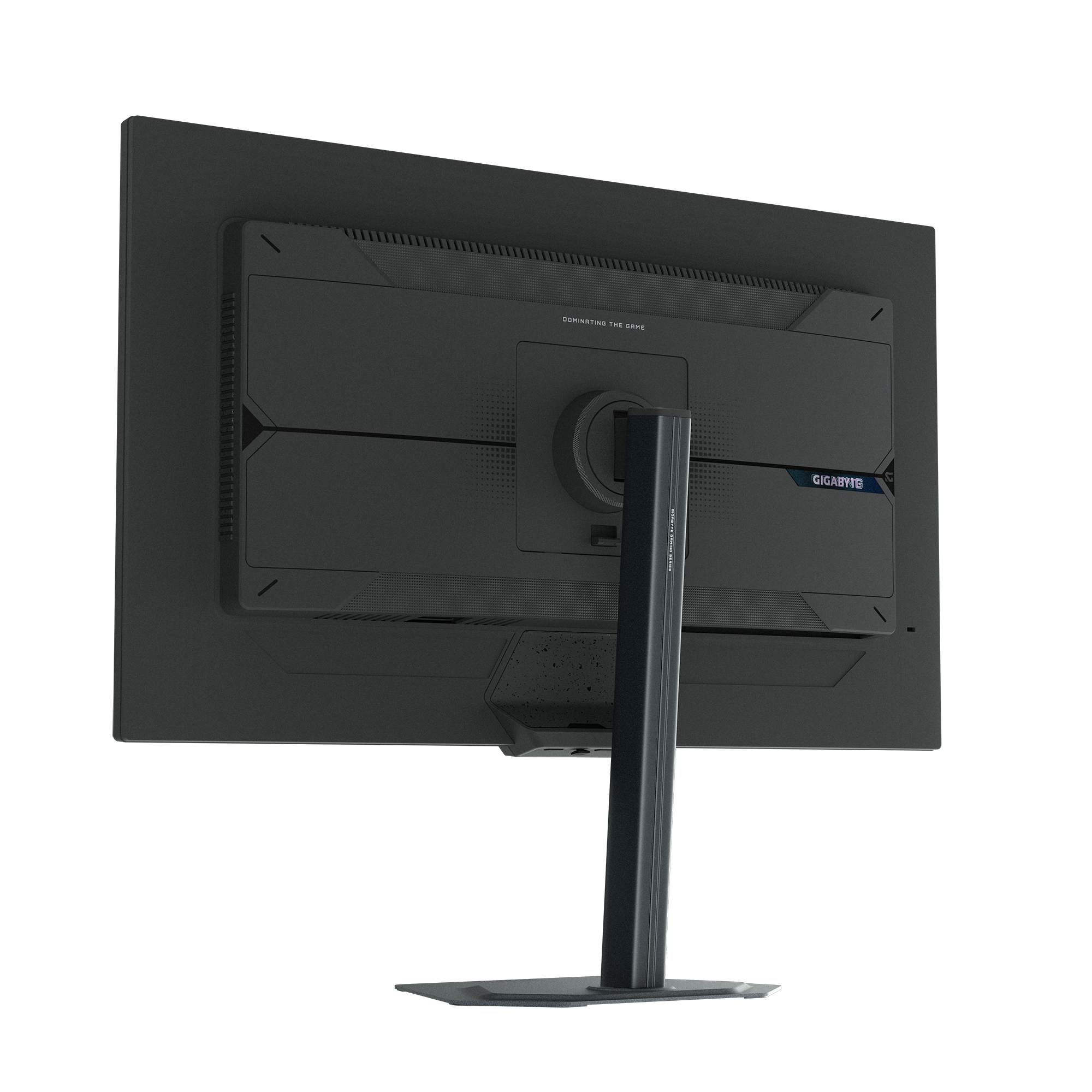 Vista trasera de un monitor negro con logo GIGABYTE y soporte.