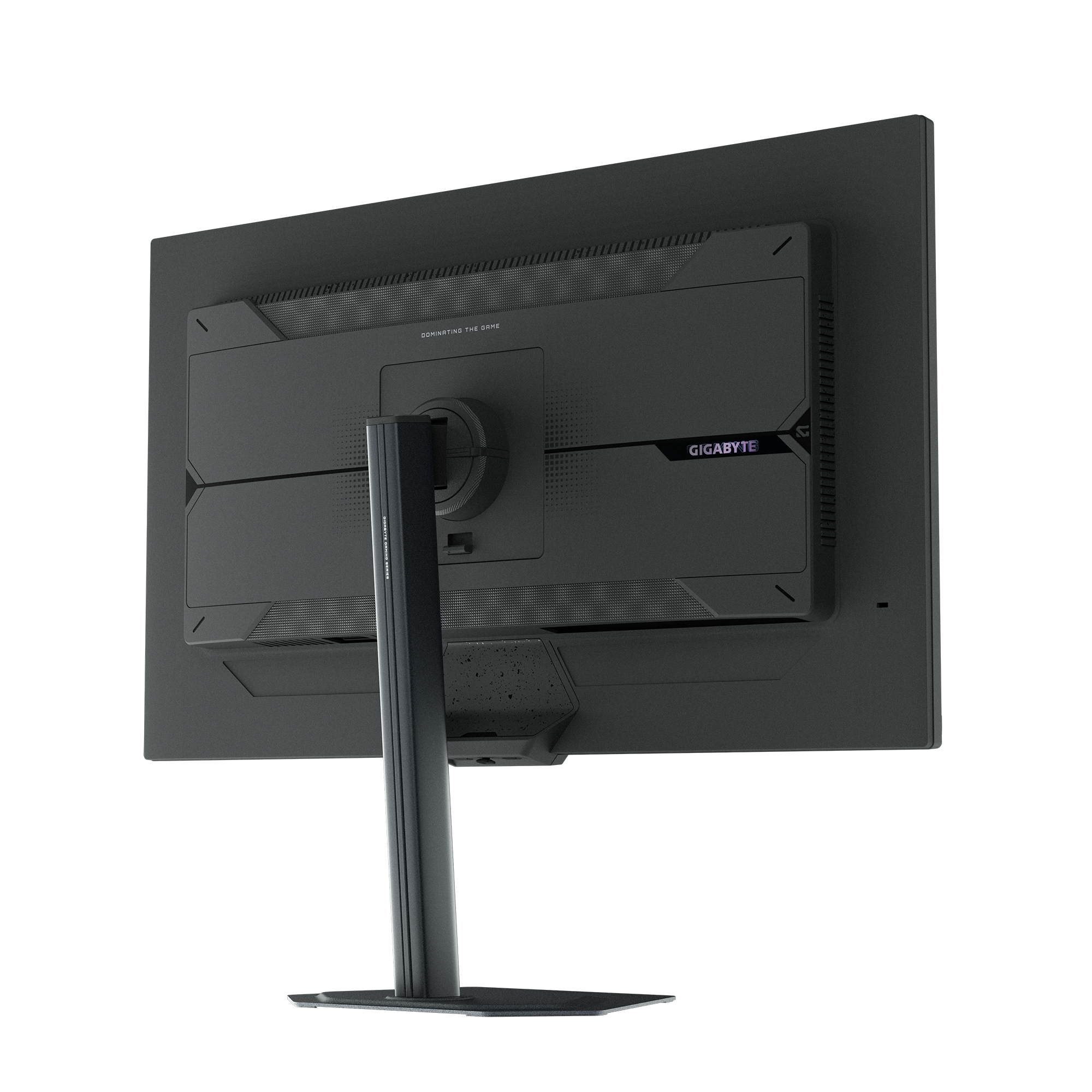 Vista trasera de un monitor negro con soporte plateado y logo de Gigabyte.