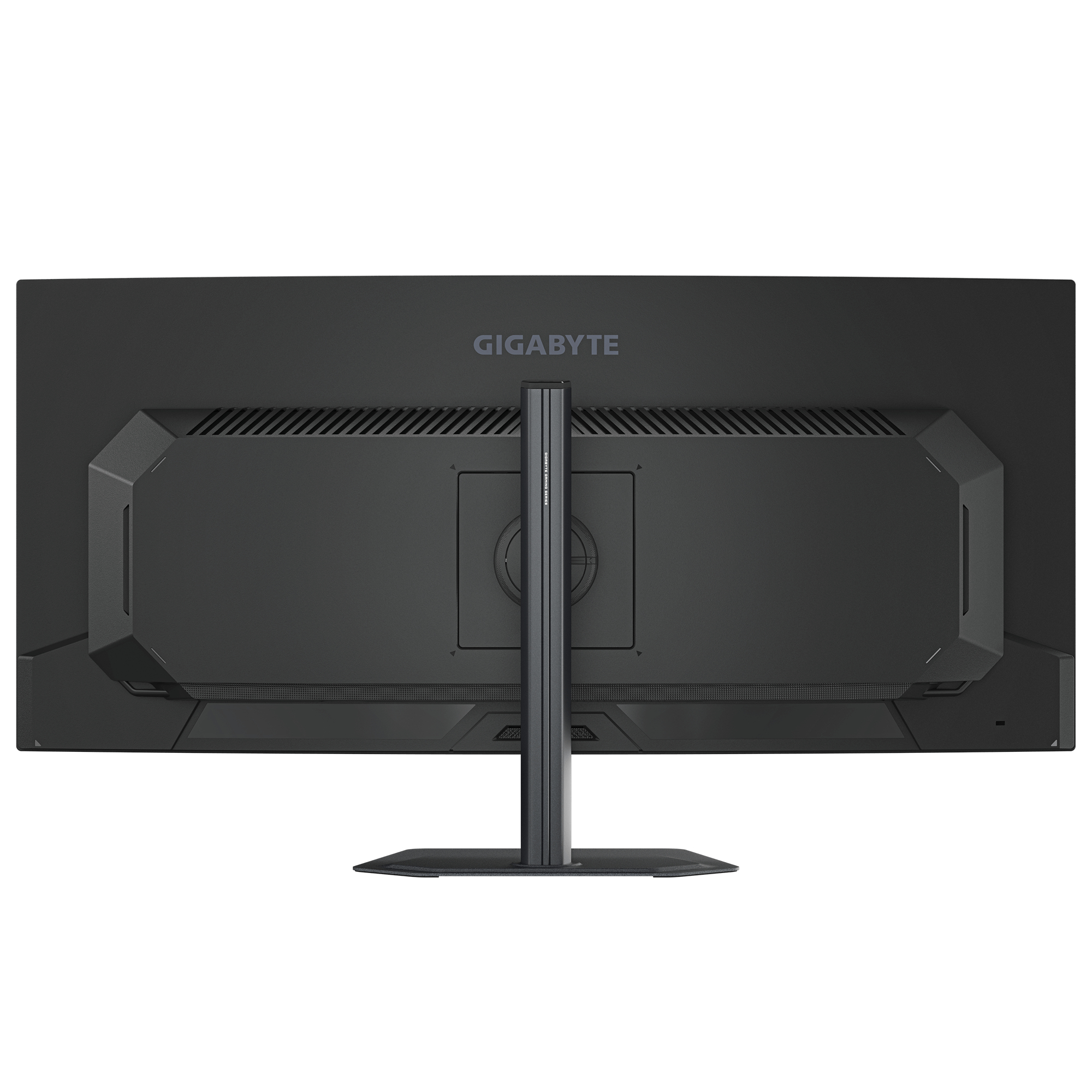 Vista trasera de un monitor GIGABYTE negro con soporte y rejillas de ventilación.