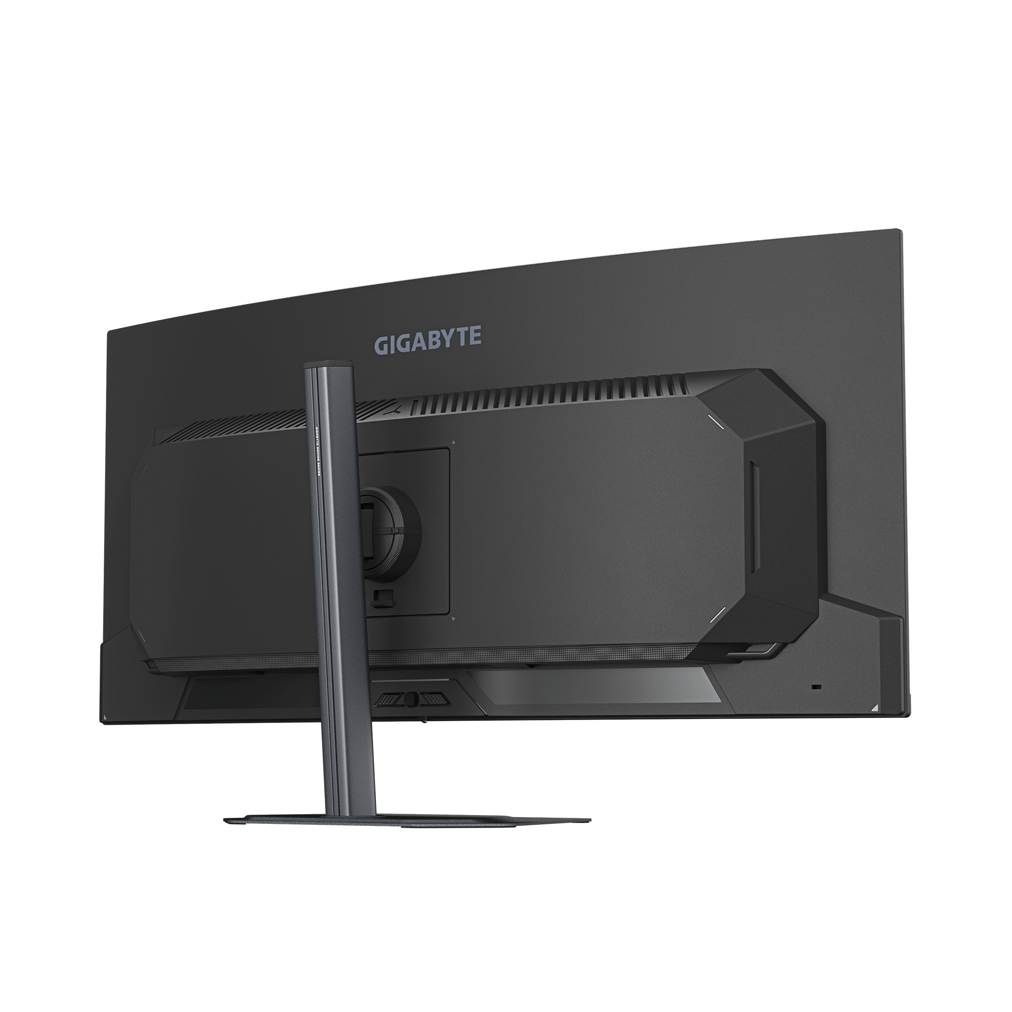 Vista trasera de un monitor GIGABYTE negro con soporte plateado.
