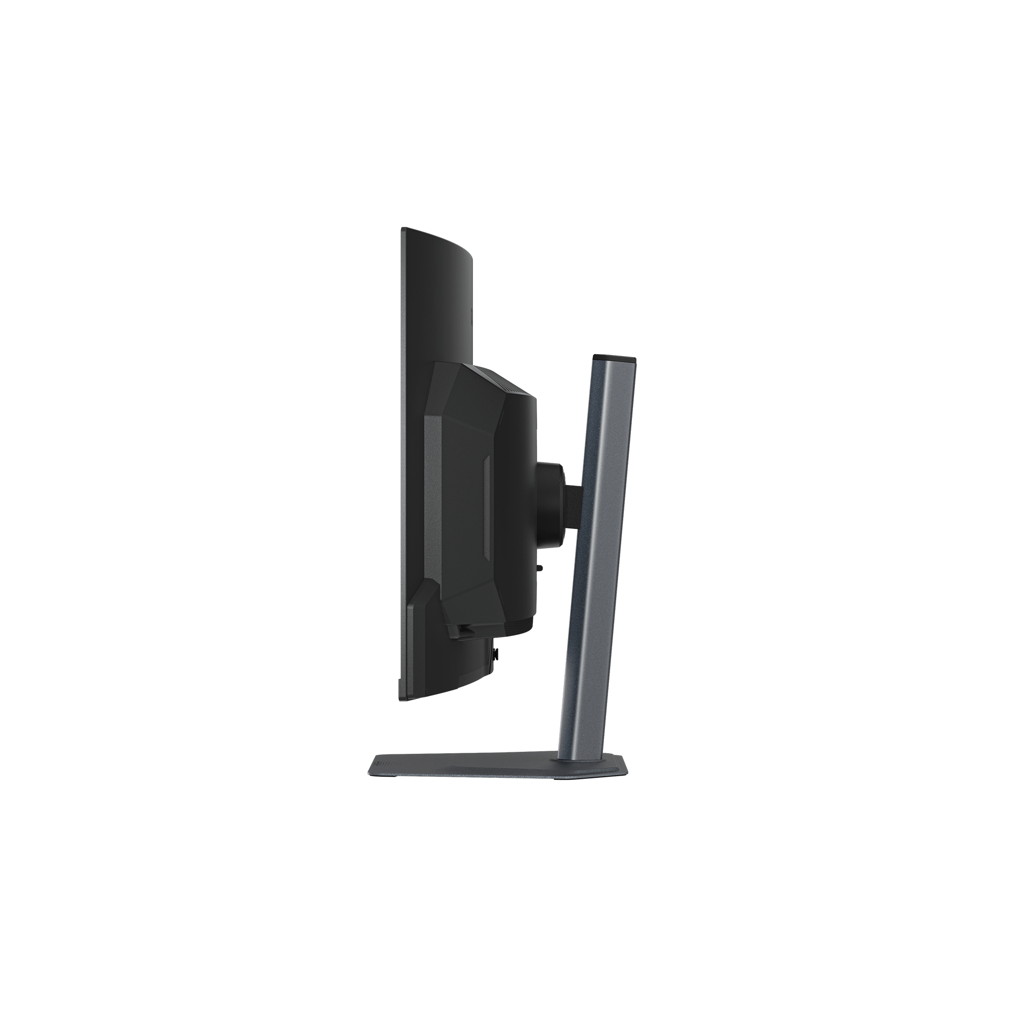 Un monitor negro con soporte gris, visto de lado.