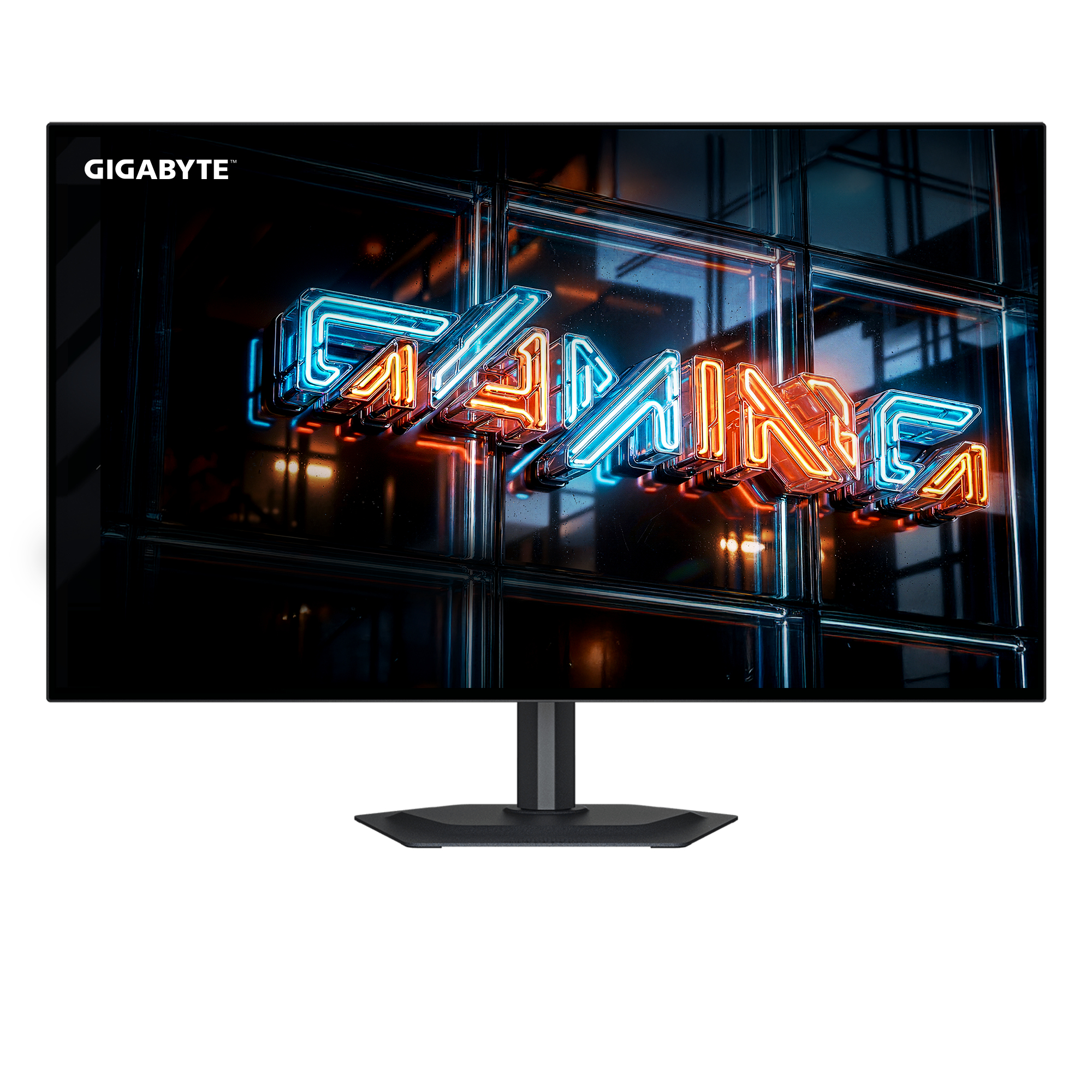 Monitor Gigabyte con letrero de neón para juegos en azul y naranja.