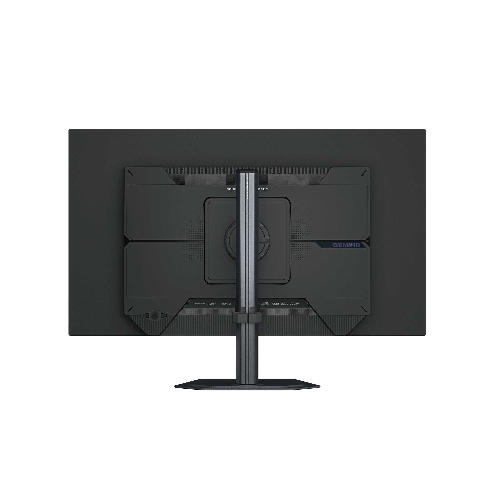 Parte trasera de un monitor negro con soporte plateado y puertos.