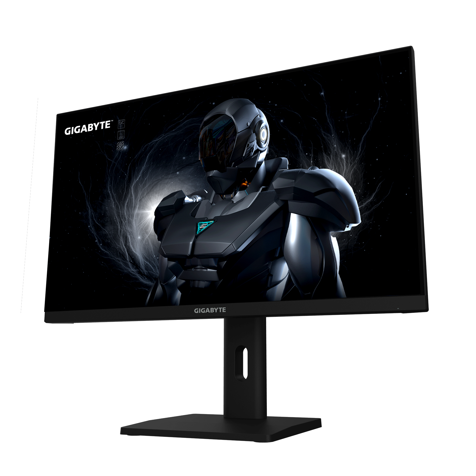 Monitor negro con fondo de pantalla de guerrero futurista. Logotipo GIGABYTE.