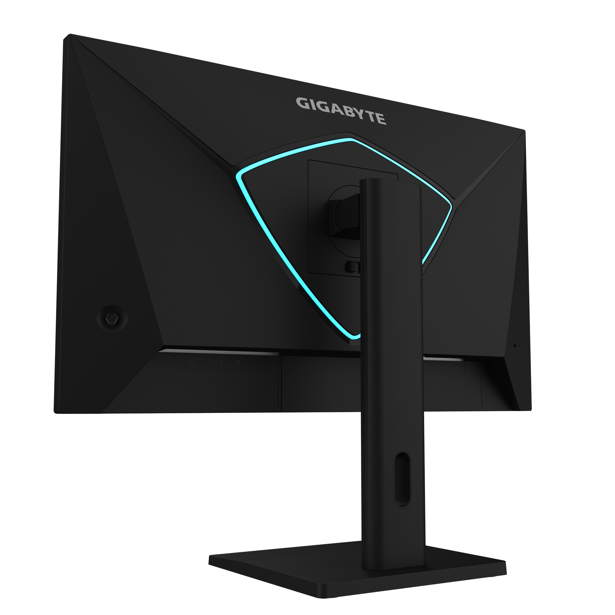 Monitor Gigabyte negro con detalles LED azules en la parte trasera y soporte negro.