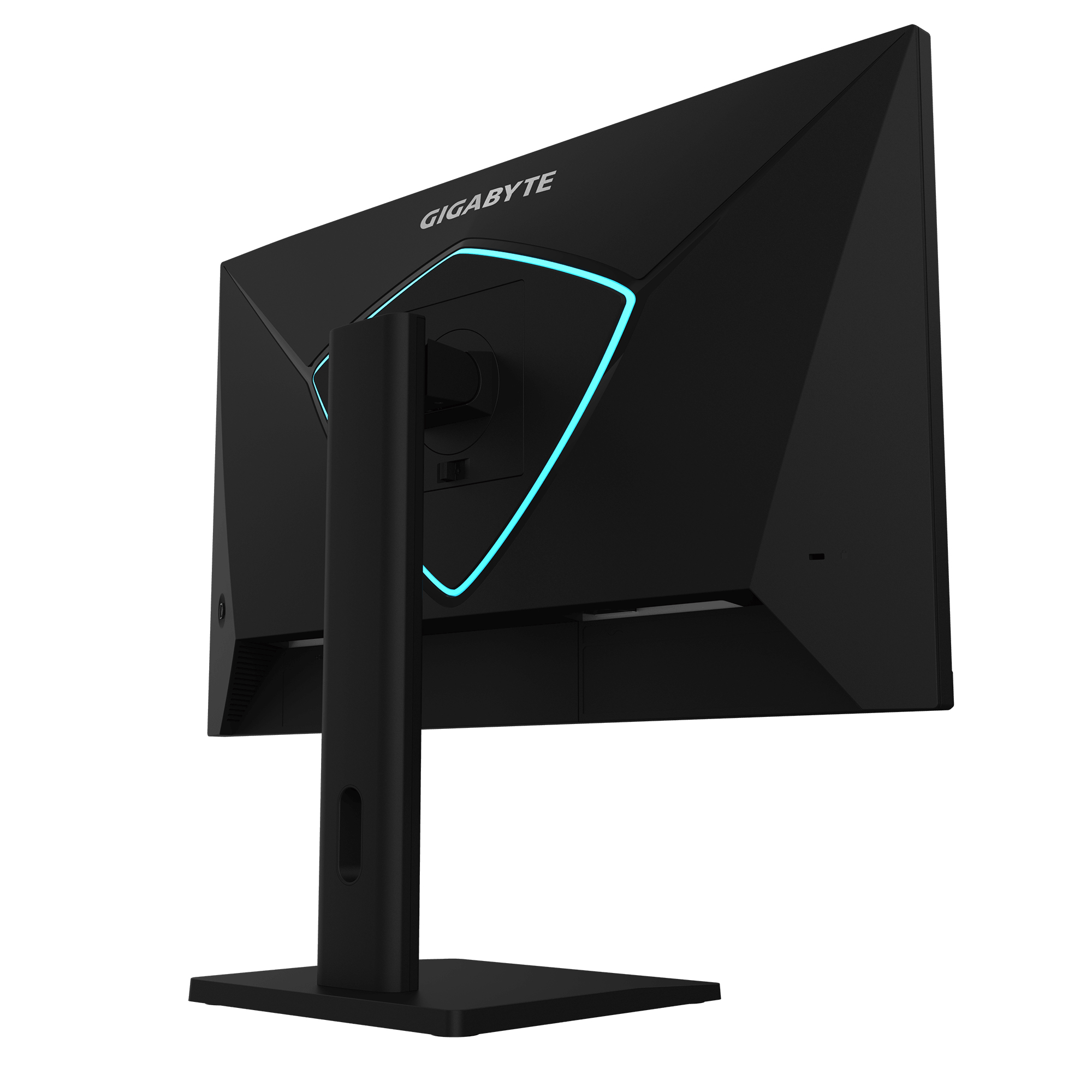 Un monitor negro con logo GIGABYTE y acentos azules en la parte trasera.
