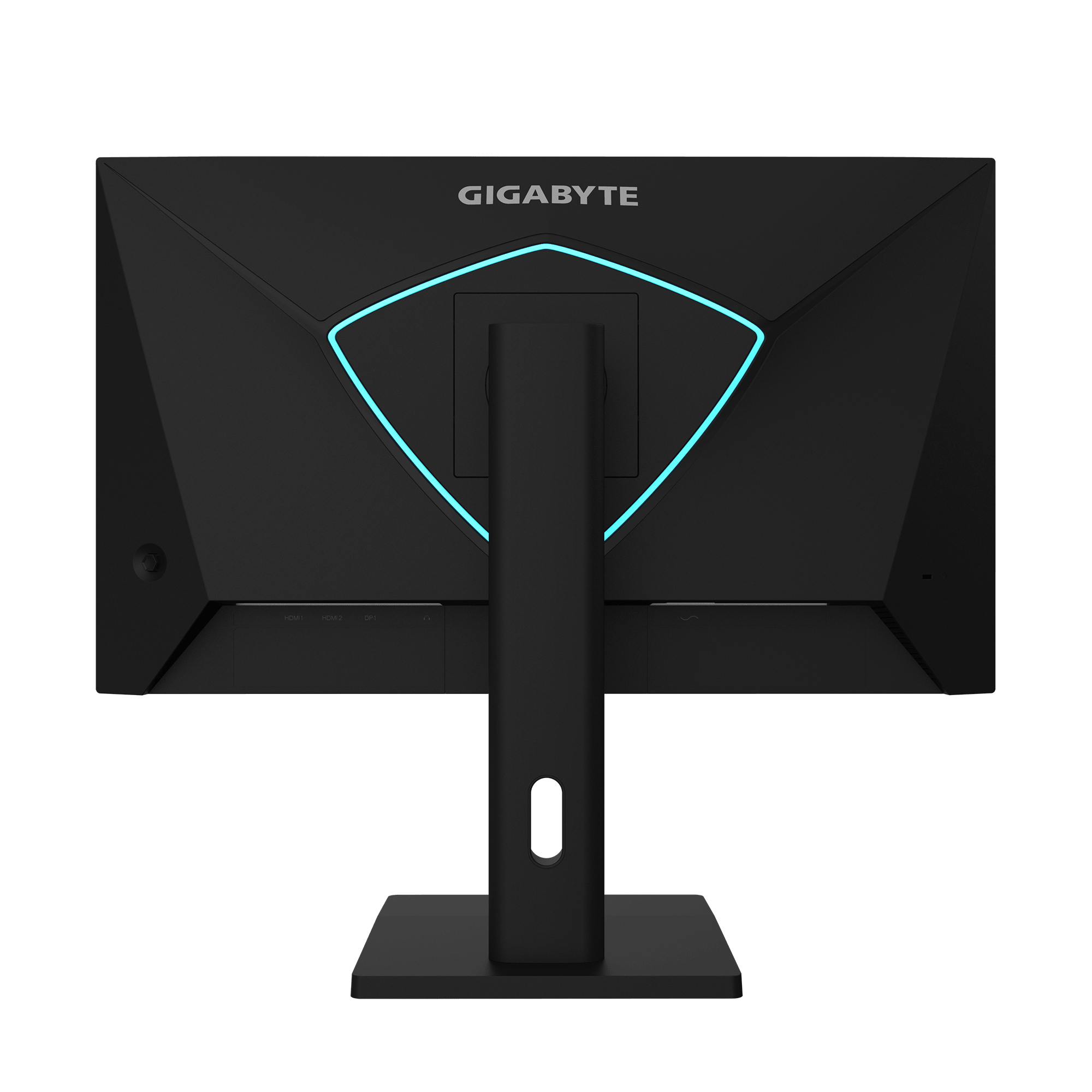 Parte trasera de un monitor negro con logo Gigabyte iluminado en azul y puertos.