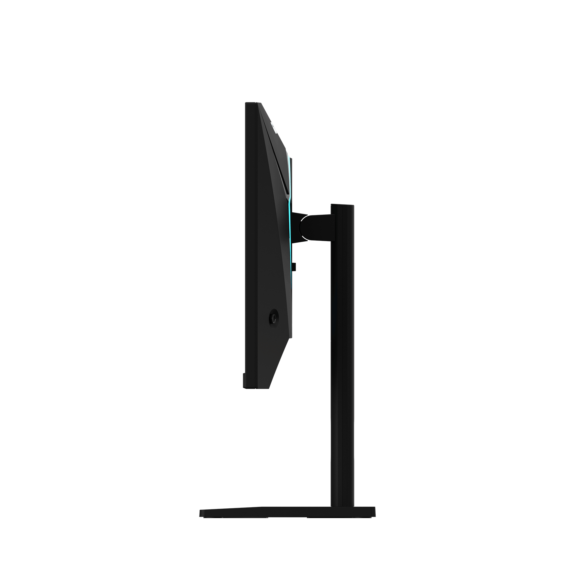 Monitor de computadora negro de perfil con acento de luz azul sobre fondo blanco.