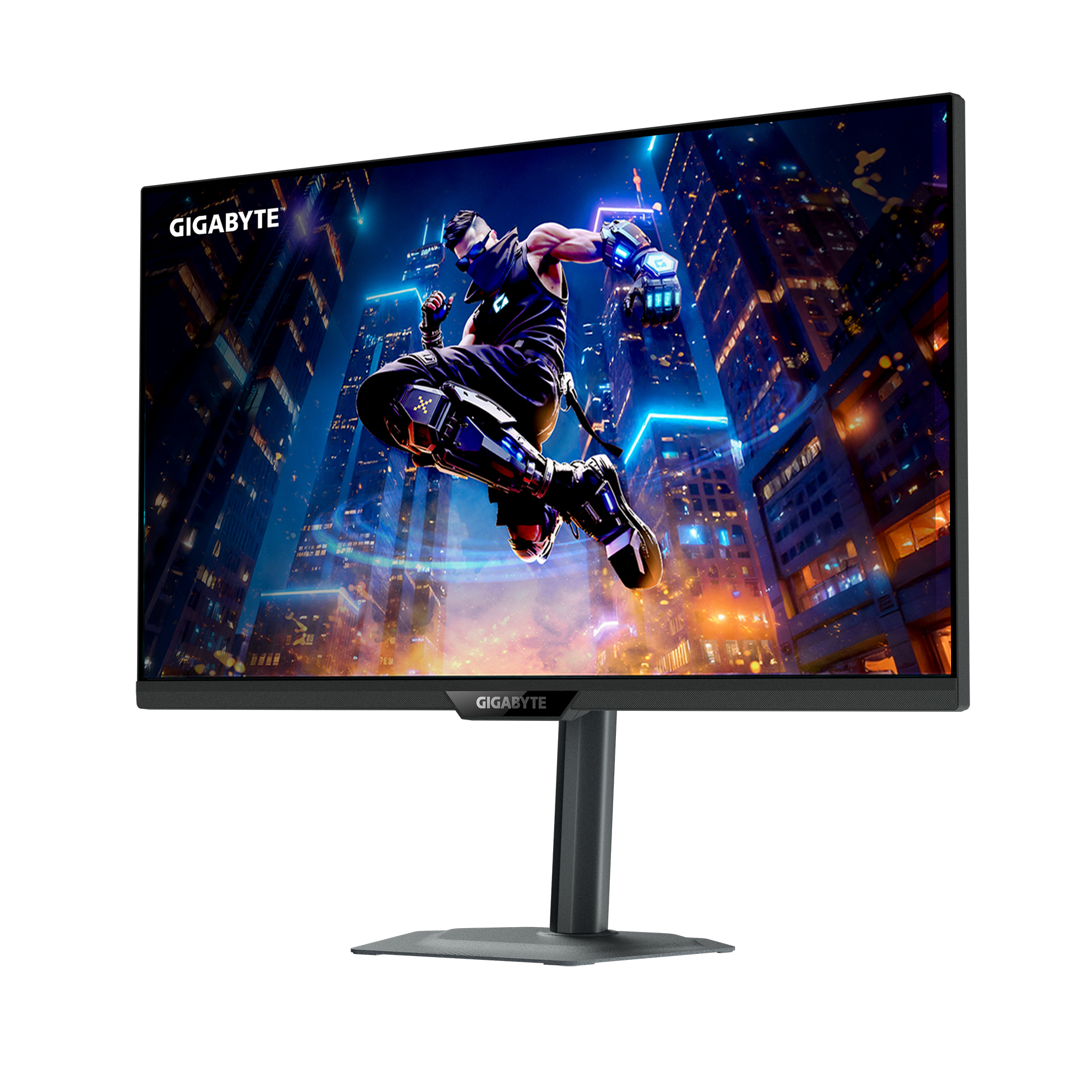 Un monitor GIGABYTE muestra un juego con un personaje saltando frente a un paisaje urbano nocturno.