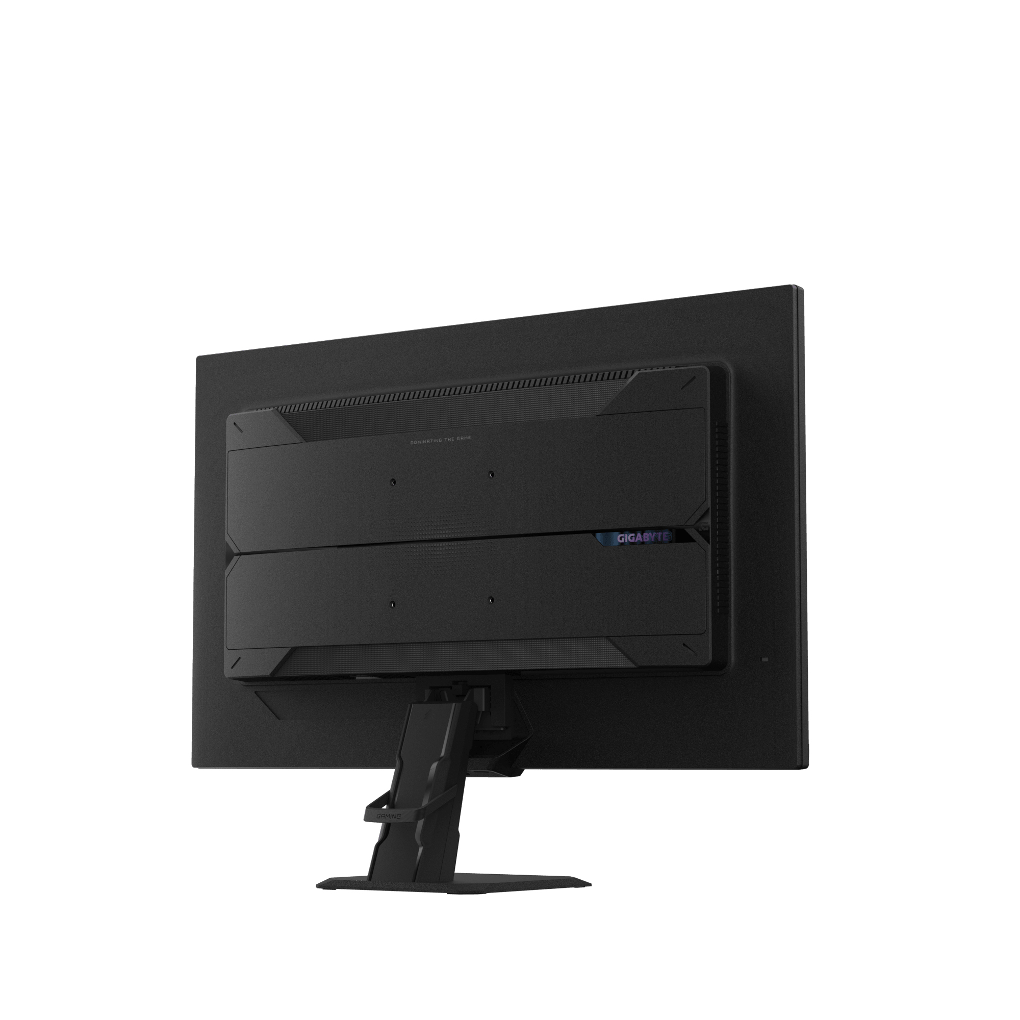 Vista posterior de un monitor negro con logo GIGABYTE y soporte.
