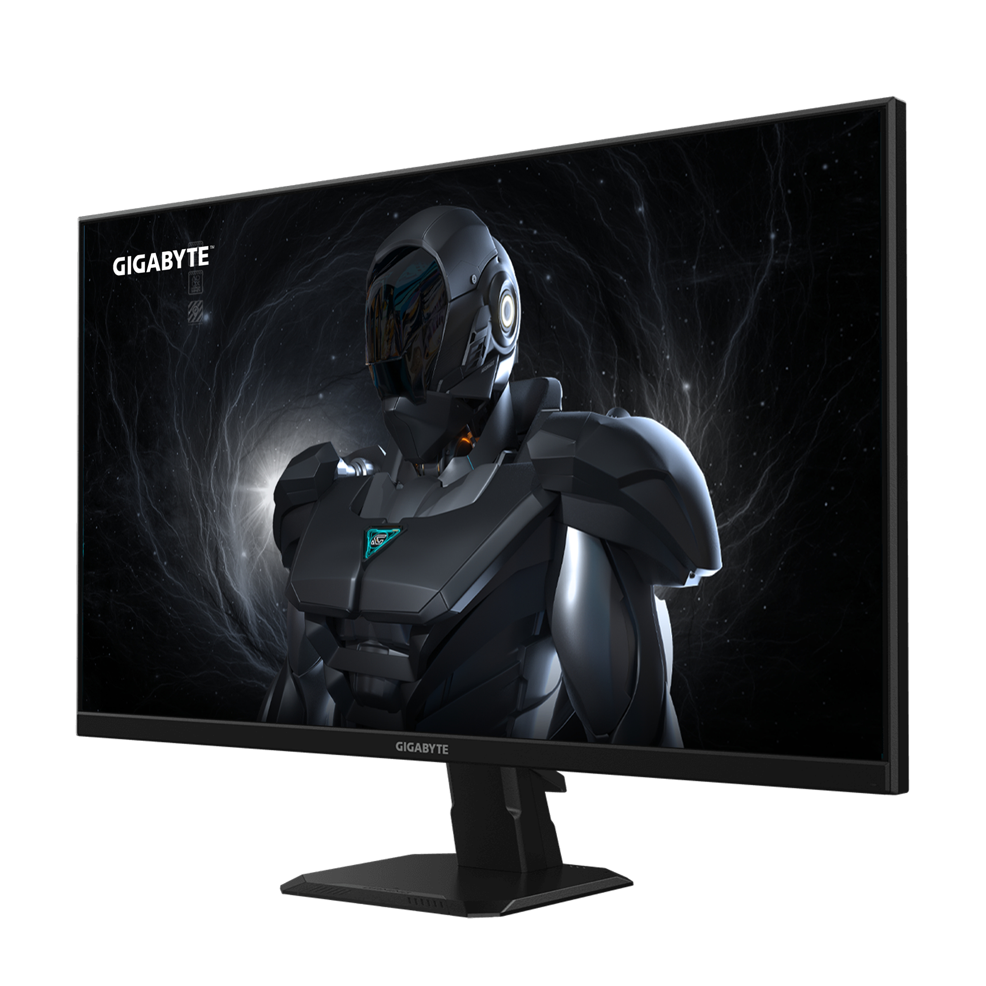 Un monitor negro con la imagen de un guerrero futurista en la pantalla.