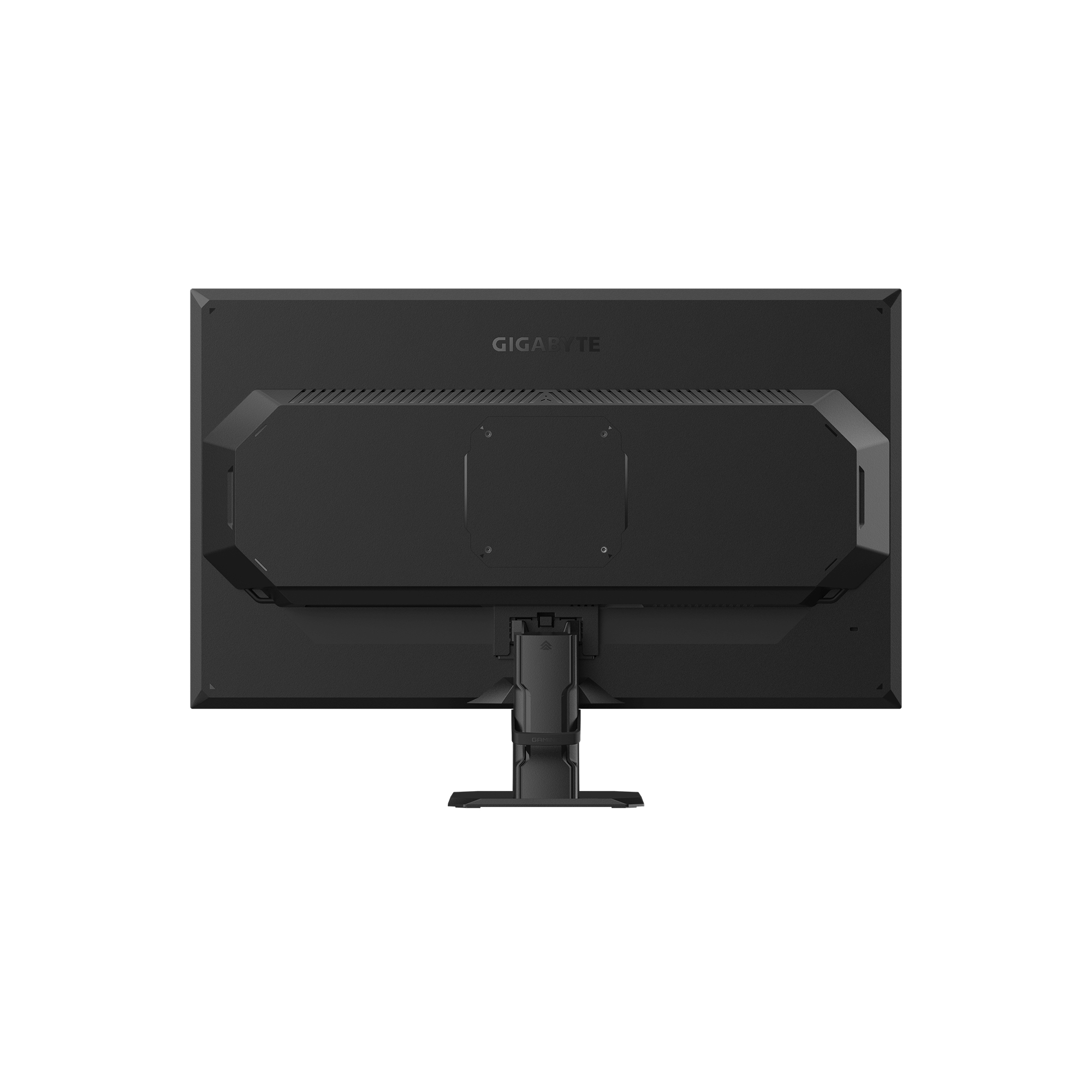 Vista posterior de un monitor GIGABYTE negro con soporte.